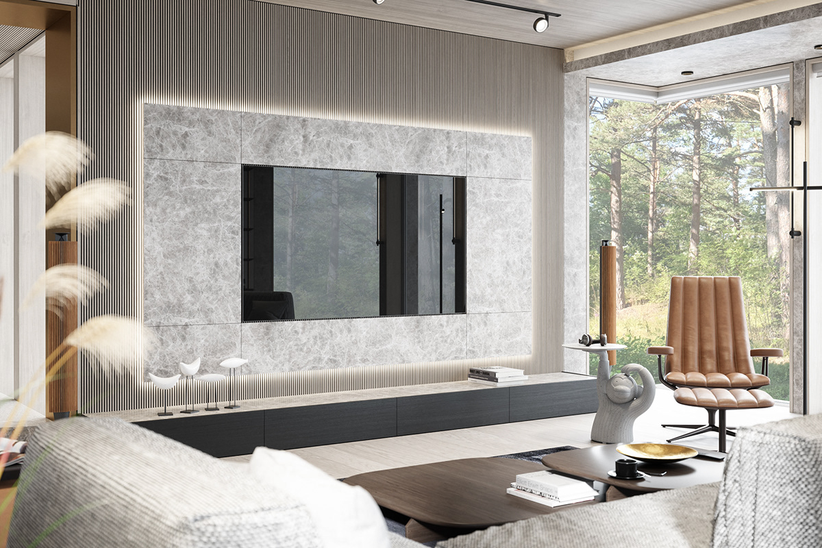 Interior design，a living room，forest，cgi，