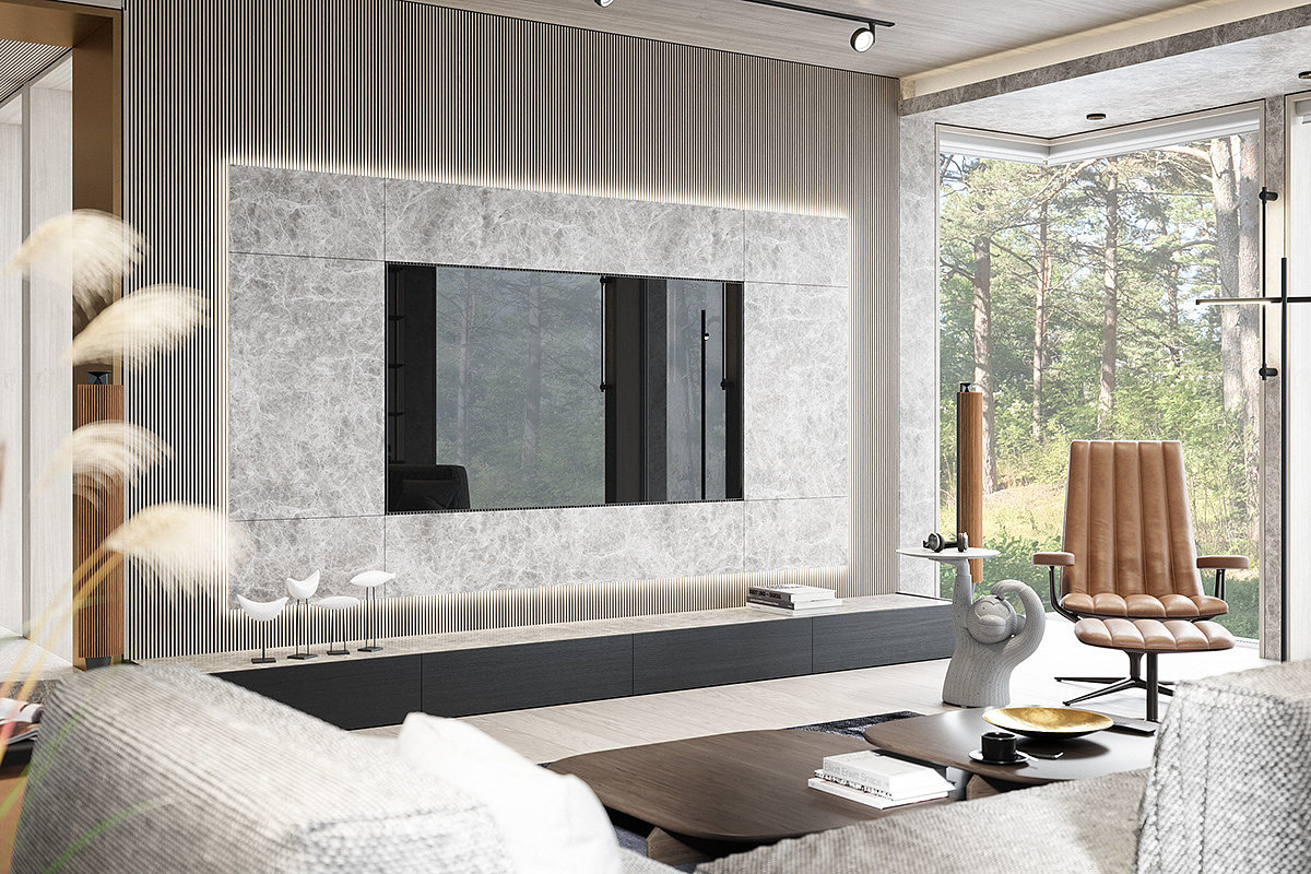 Interior design，a living room，forest，cgi，