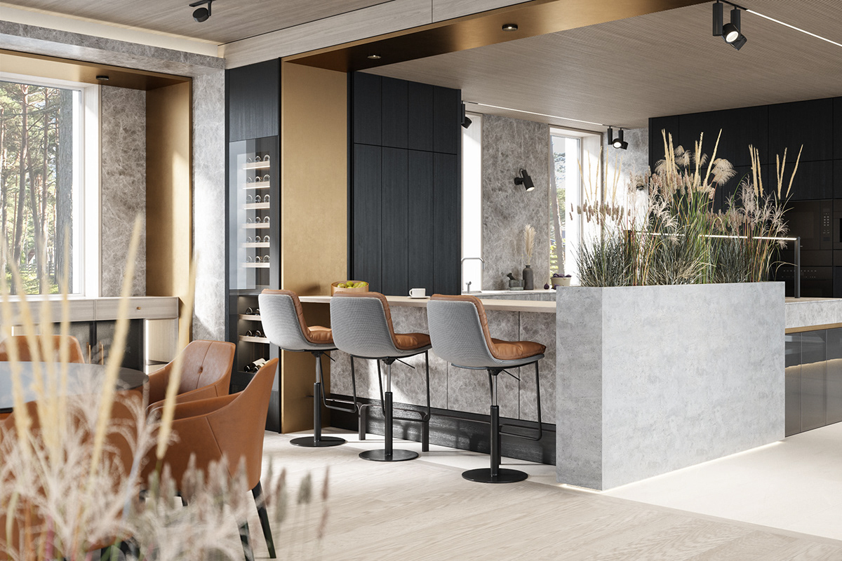 Interior design，a living room，forest，cgi，