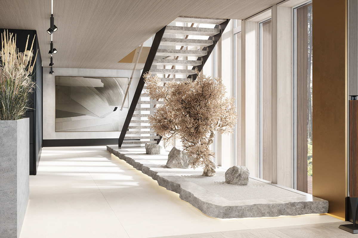 Interior design，a living room，forest，cgi，