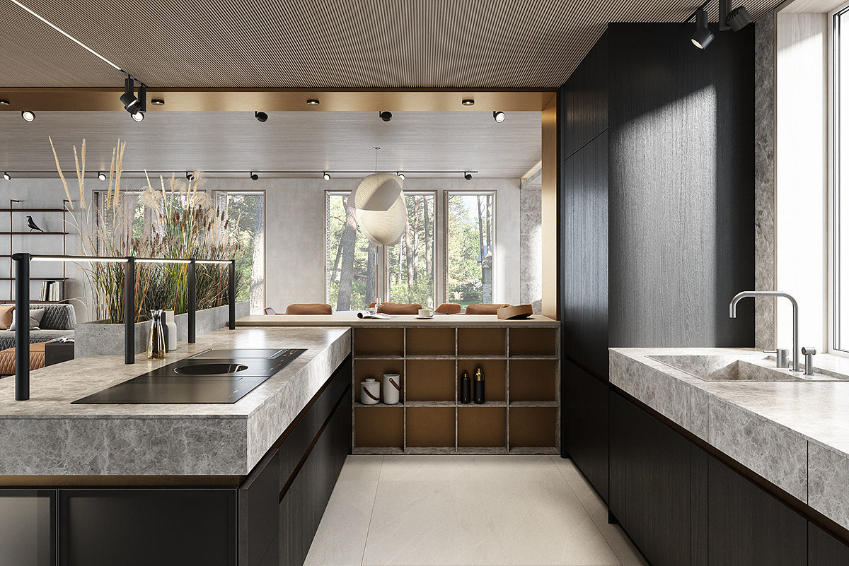 Interior design，a living room，forest，cgi，