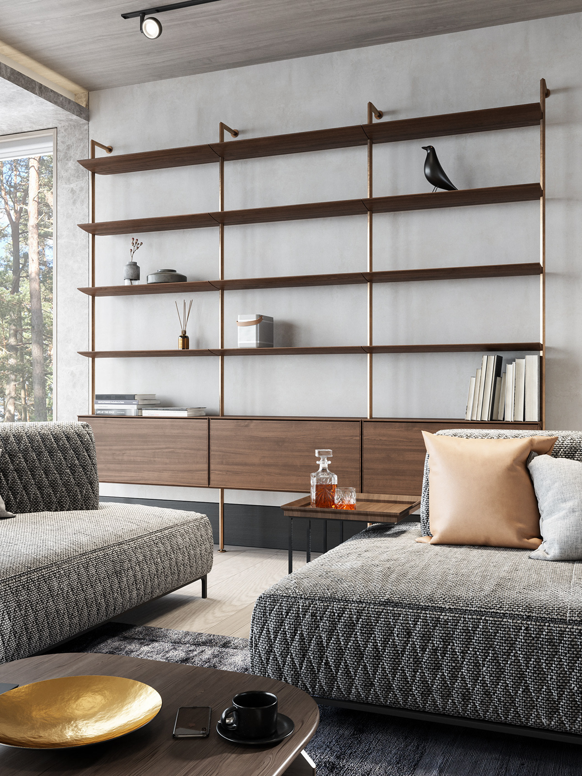 Interior design，a living room，forest，cgi，