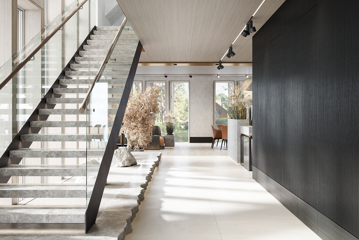 Interior design，a living room，forest，cgi，