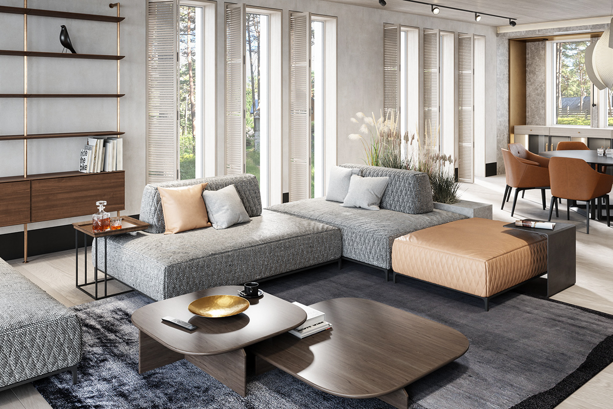 Interior design，a living room，forest，cgi，