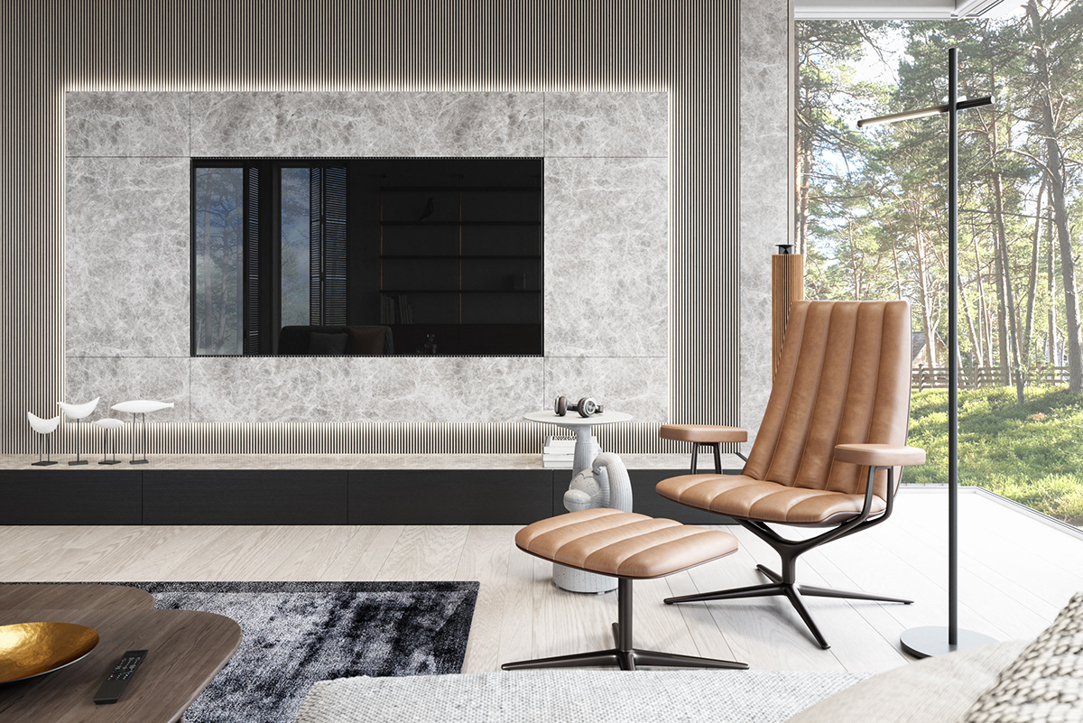 Interior design，a living room，forest，cgi，