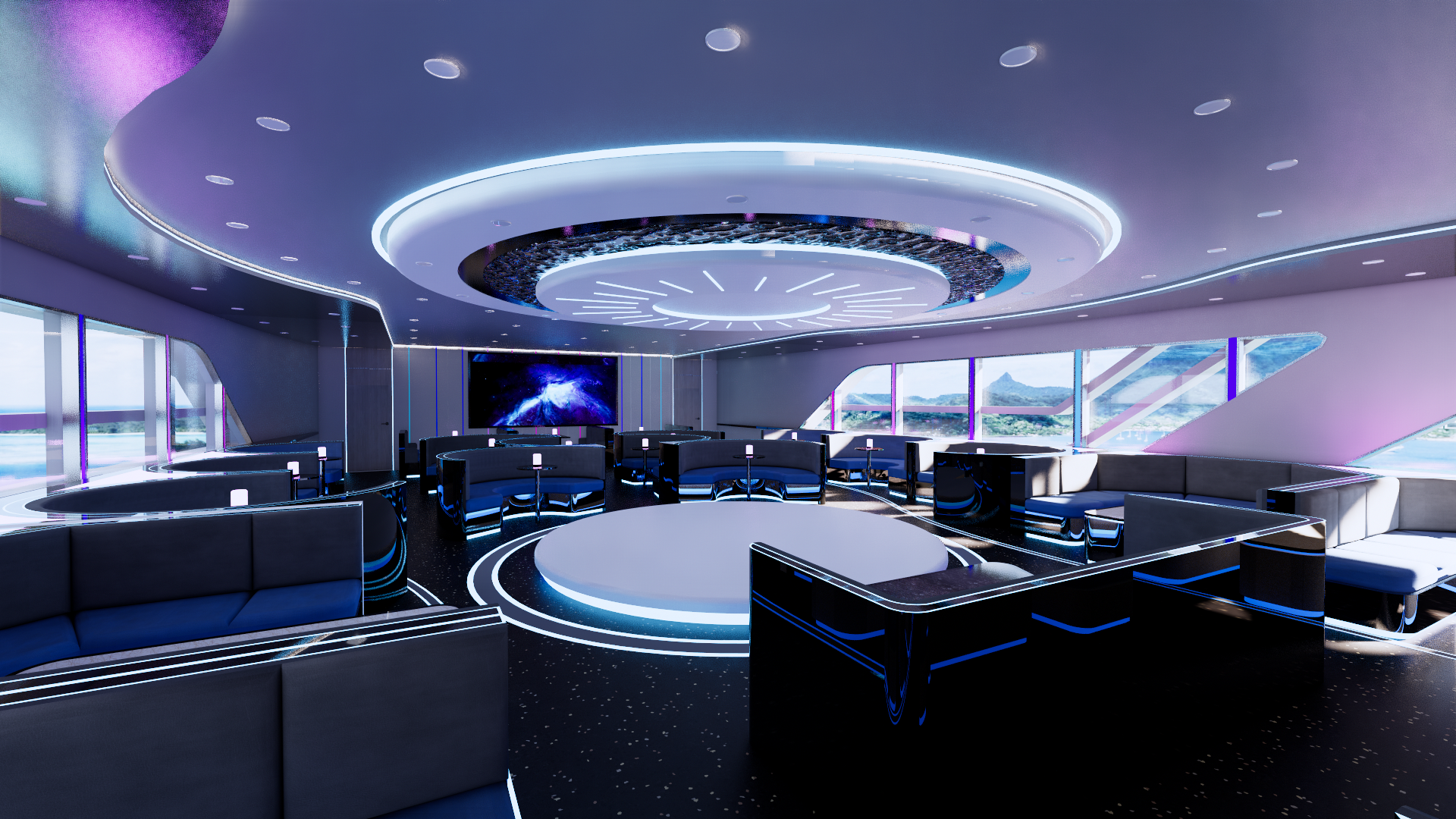Yacht, interior decoration, boat, cyberpunk, sense of science and technology，