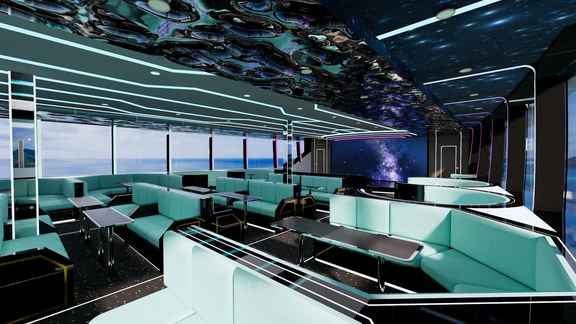 Yacht, interior decoration, boat, cyberpunk, sense of science and technology，