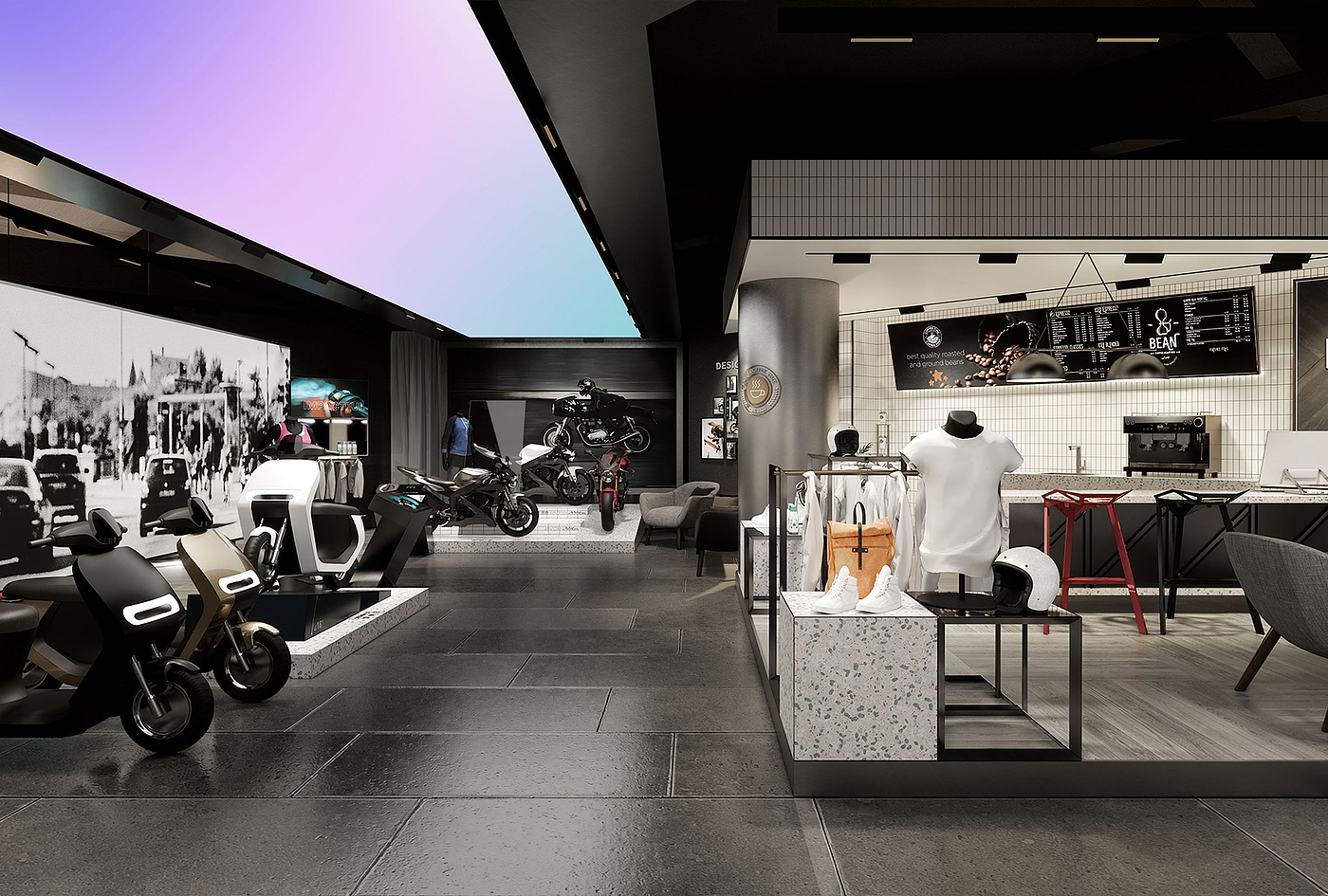 Red design，space design ，Original design，industrial design，Electric vehicle，Electric two wheeled vehicle，Concept store，New retail，