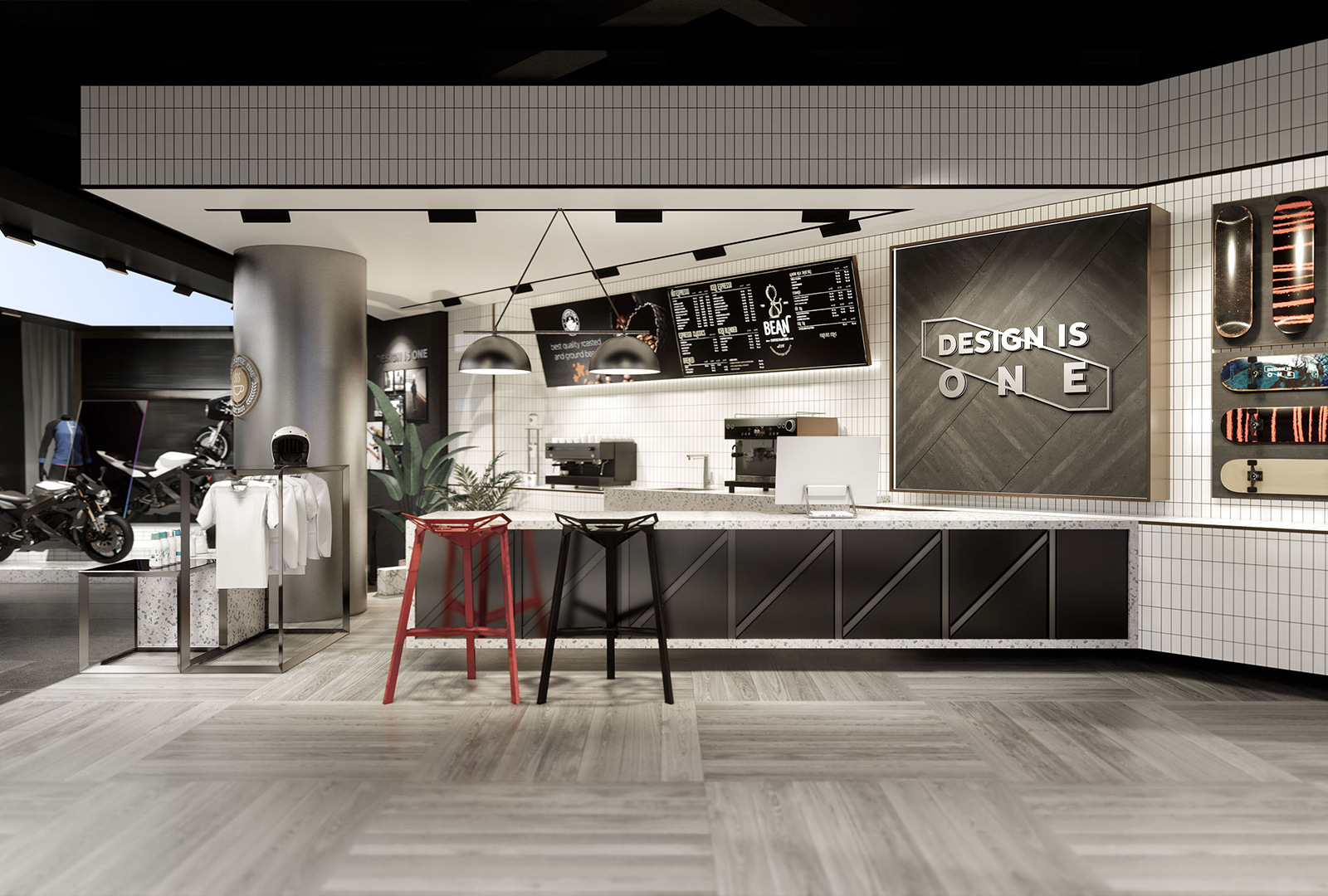 Red design，space design ，Original design，industrial design，Electric vehicle，Electric two wheeled vehicle，Concept store，New retail，