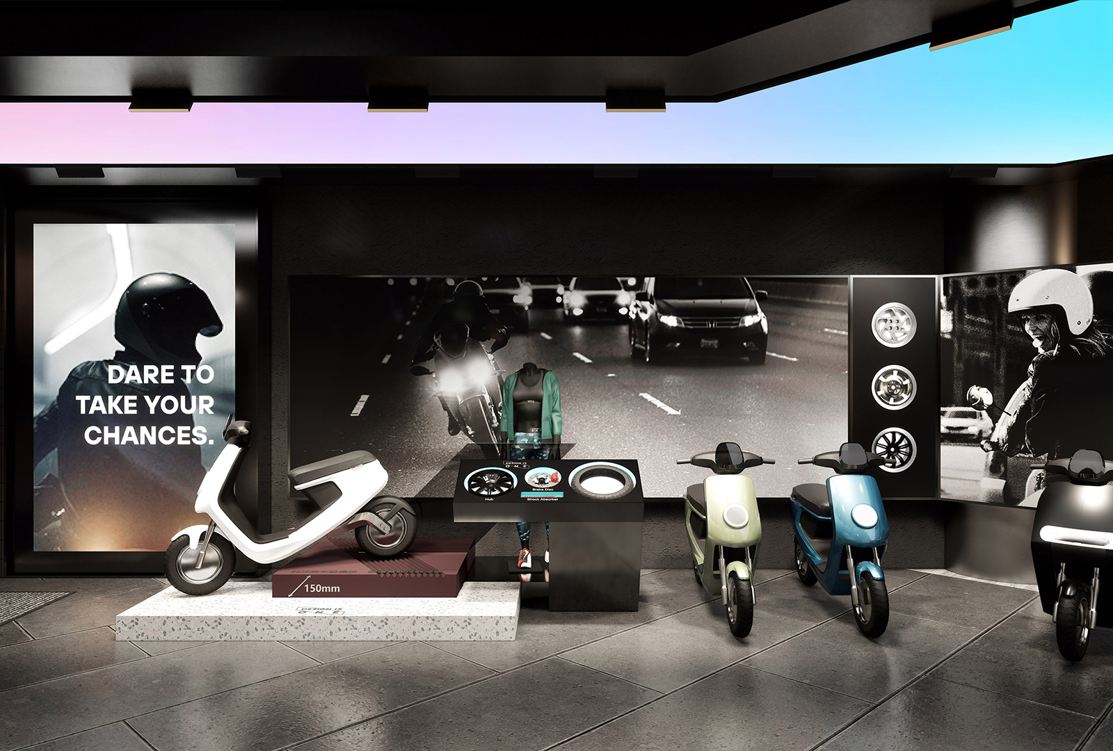 Red design，space design ，Original design，industrial design，Electric vehicle，Electric two wheeled vehicle，Concept store，New retail，