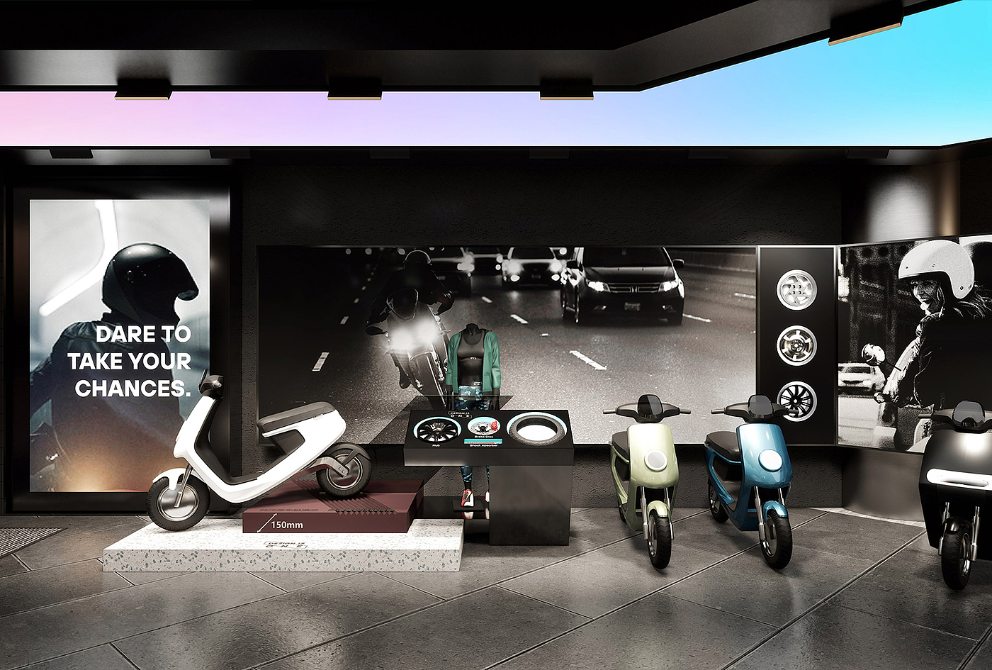 Red design，space design ，Original design，industrial design，Electric vehicle，Electric two wheeled vehicle，Concept store，New retail，