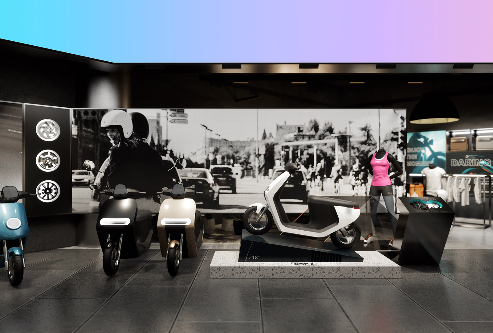 Red design，space design ，Original design，industrial design，Electric vehicle，Electric two wheeled vehicle，Concept store，New retail，