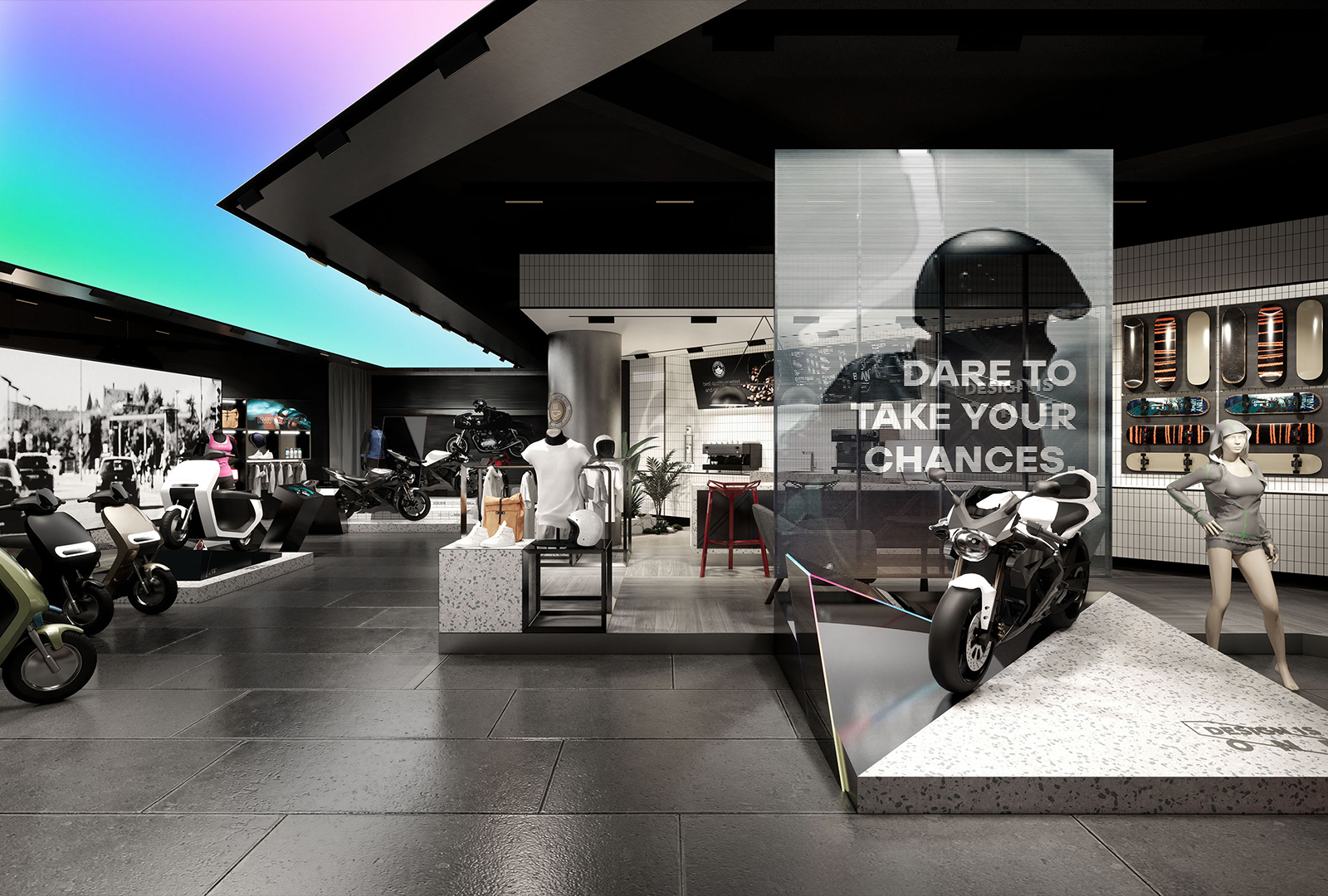 Red design，space design ，Original design，industrial design，Electric vehicle，Electric two wheeled vehicle，Concept store，New retail，