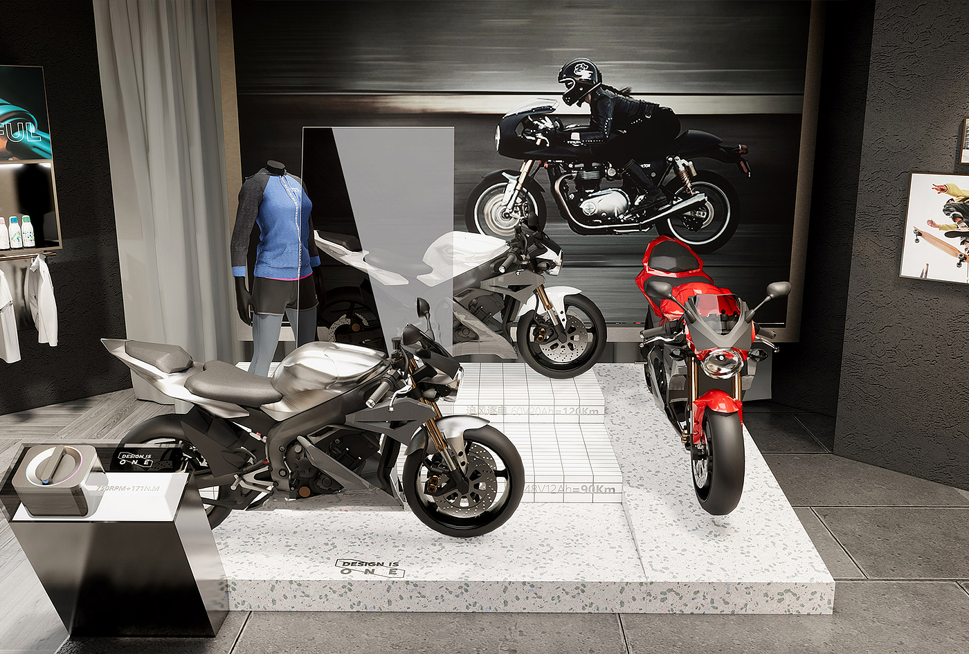 Red design，space design ，Original design，industrial design，Electric vehicle，Electric two wheeled vehicle，Concept store，New retail，