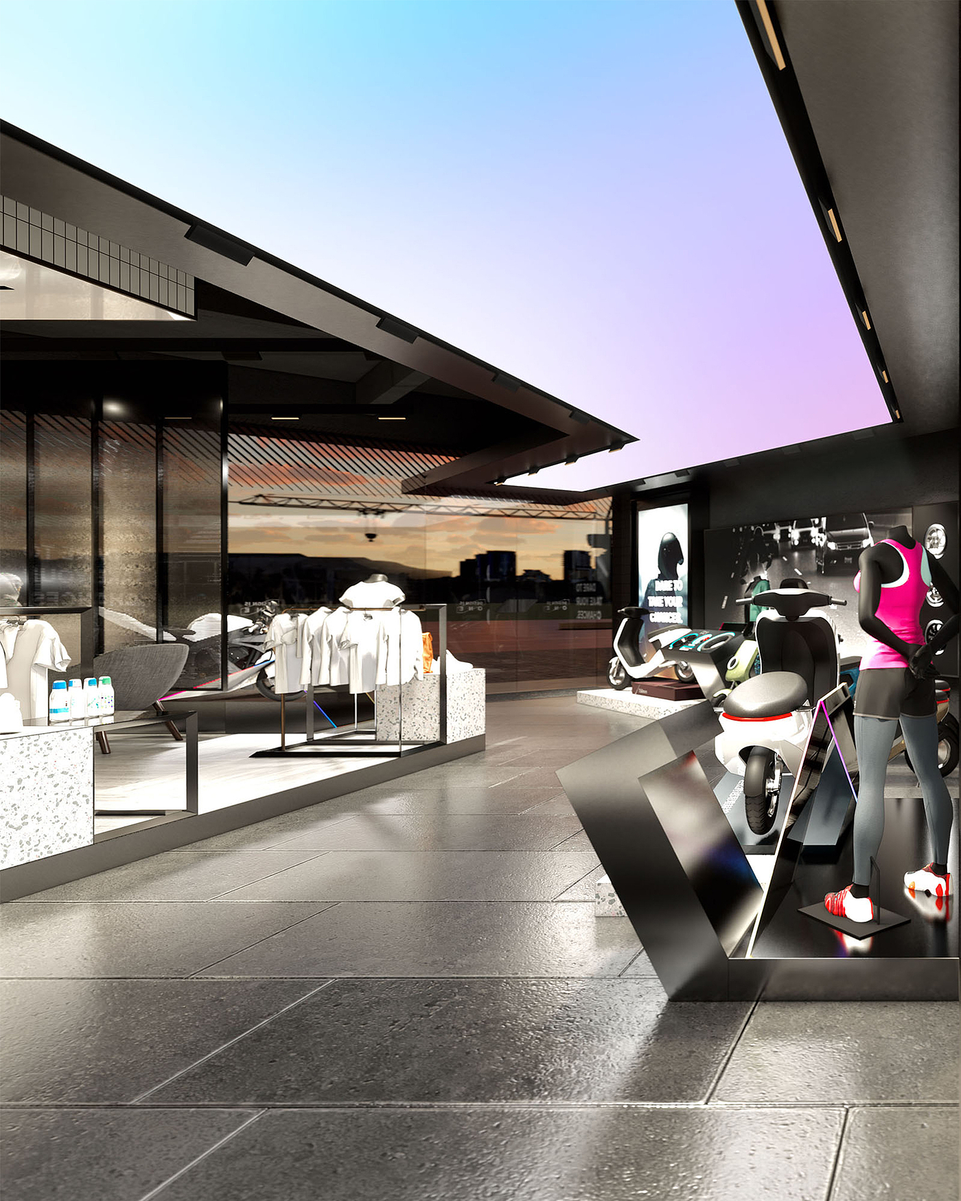 Red design，space design ，Original design，industrial design，Electric vehicle，Electric two wheeled vehicle，Concept store，New retail，