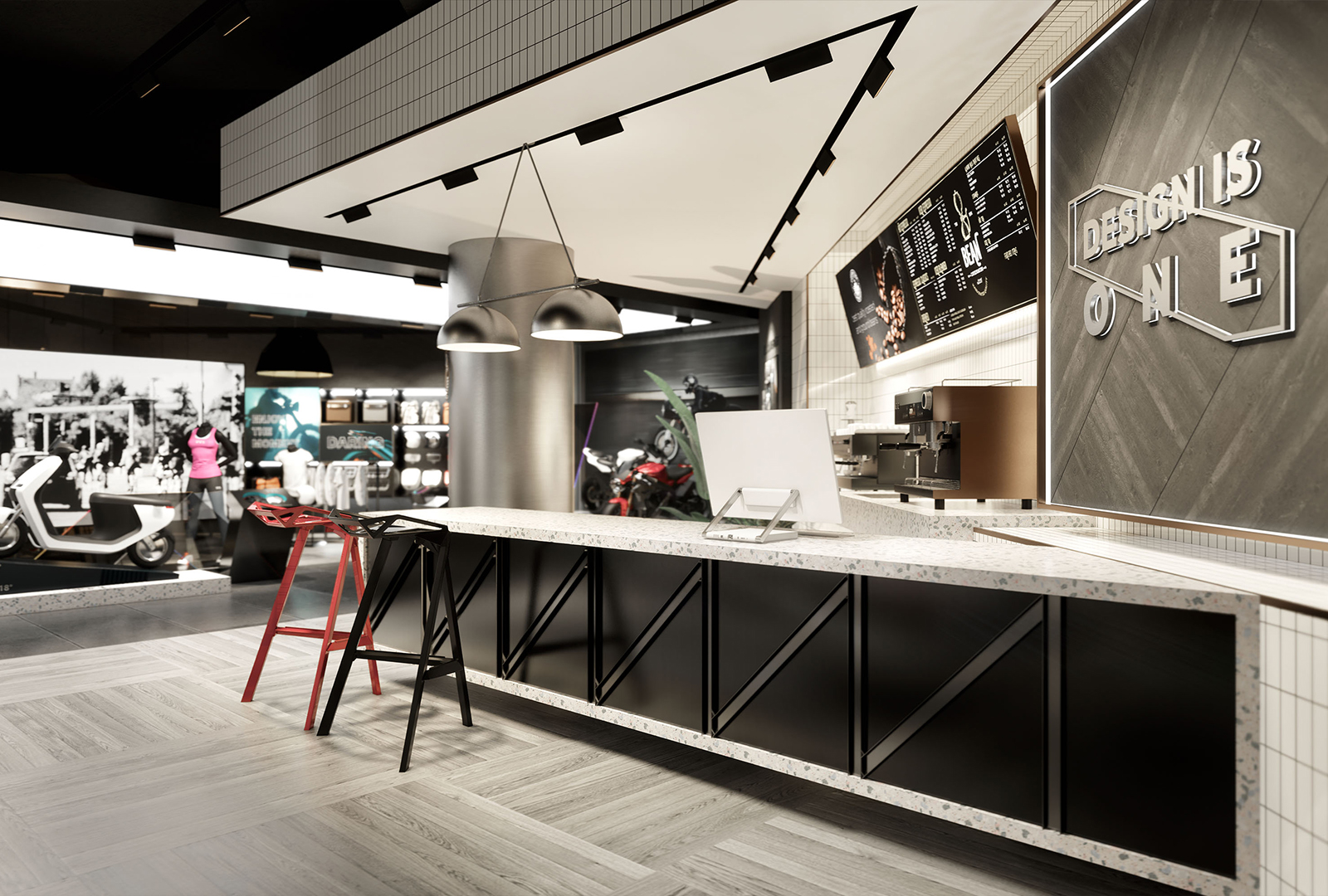 Red design，space design ，Original design，industrial design，Electric vehicle，Electric two wheeled vehicle，Concept store，New retail，