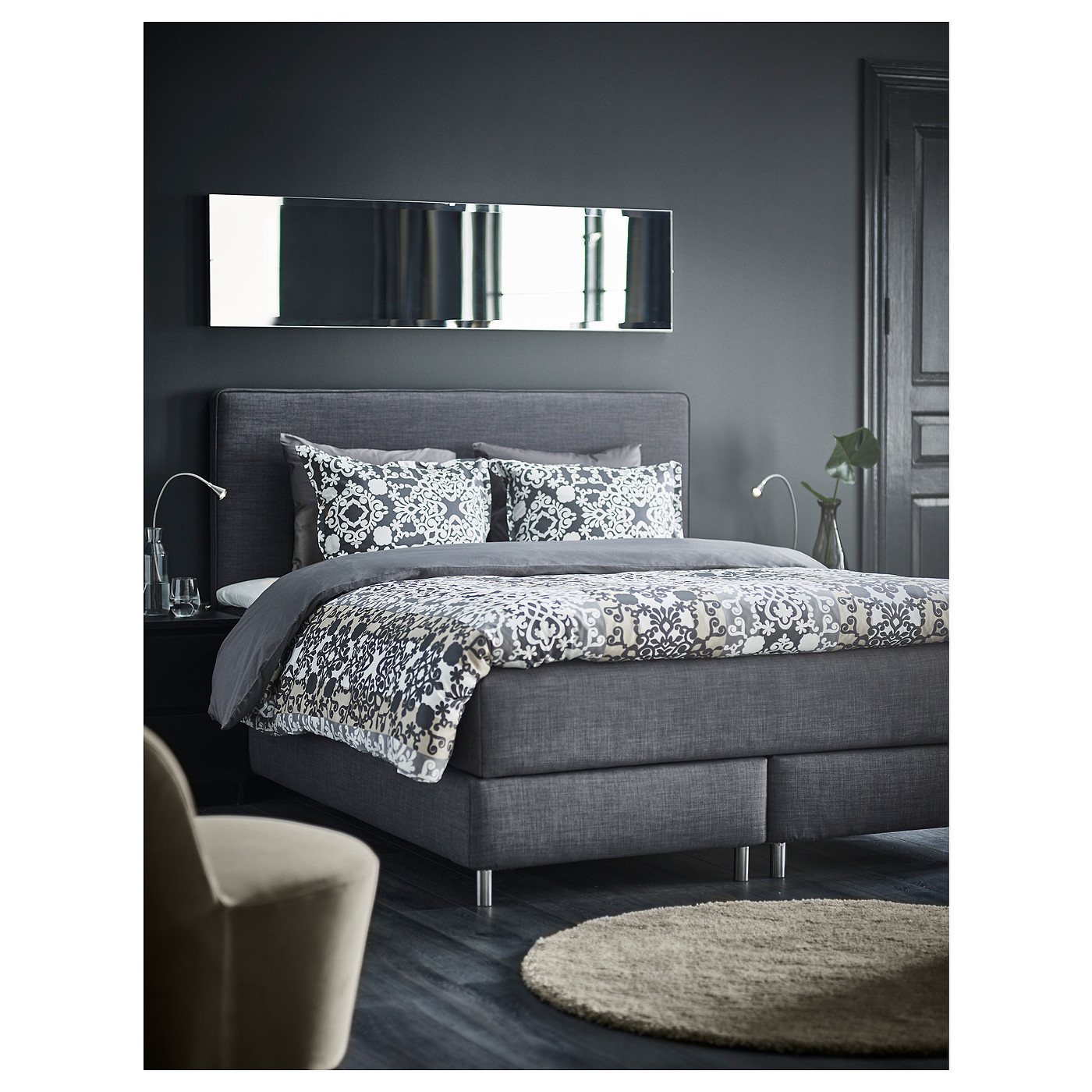 IKEA，Dunvik continental bed，IKEA，Tuss ö y dark grey，