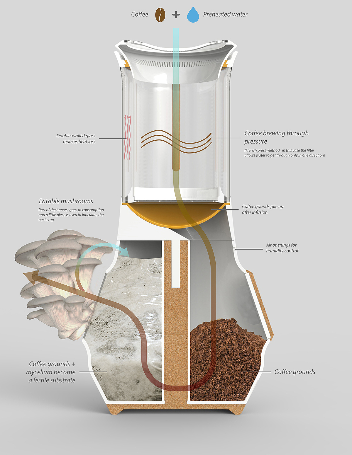 Coffee，Mushroom，waste recovery，brew，container，