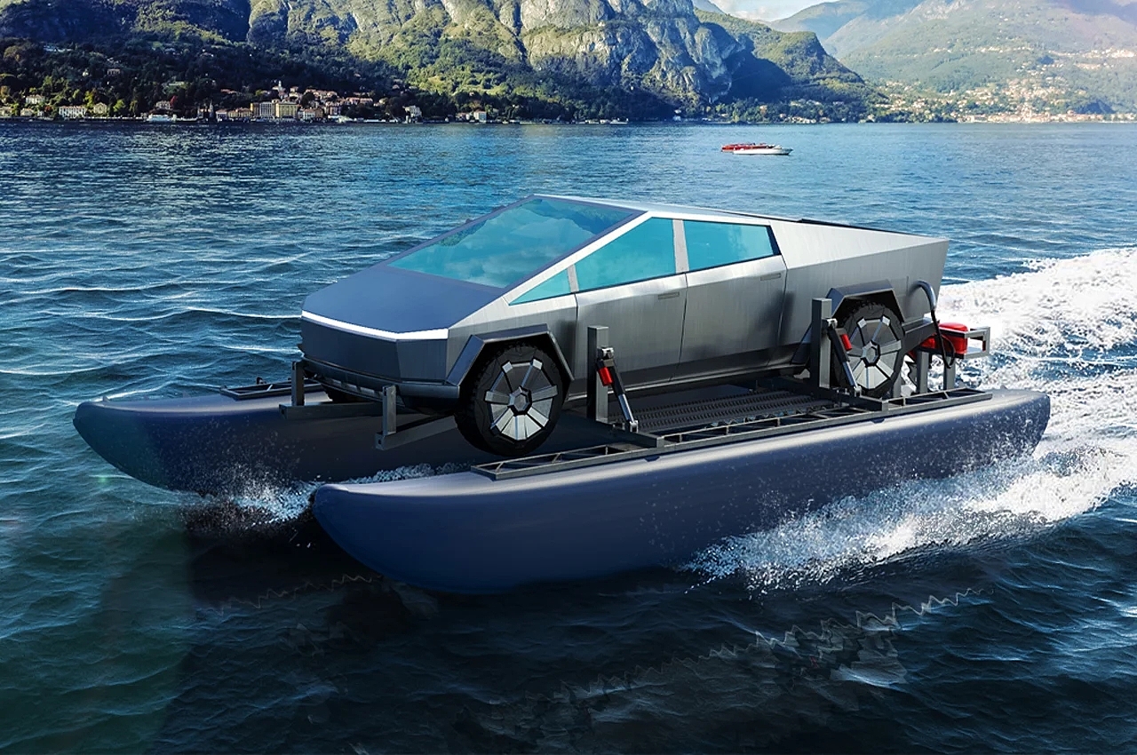 Cyber​​cat，Amphibious machinery，Tesla，Cyber truck，All electric catamaran，industrial design，