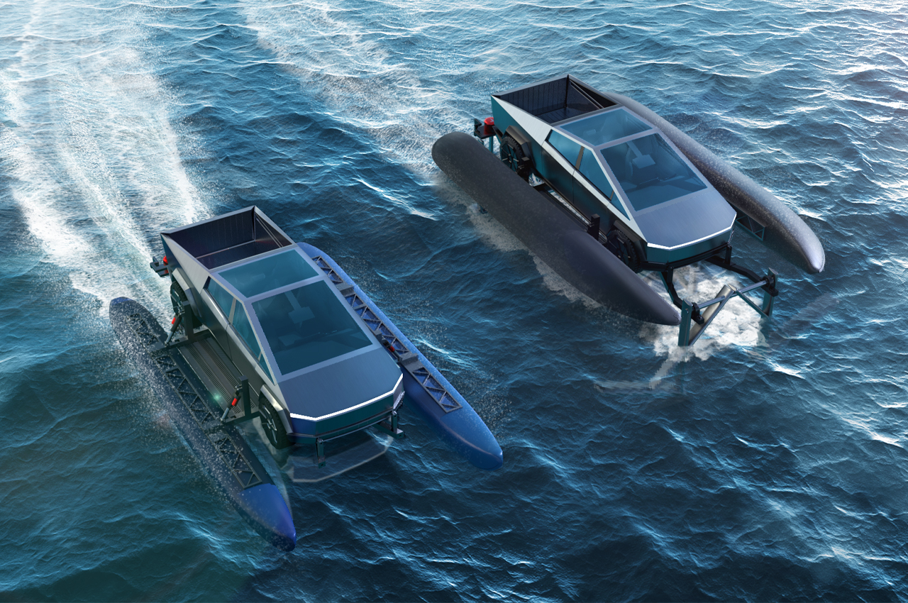 Cyber​​cat，Amphibious machinery，Tesla，Cyber truck，All electric catamaran，industrial design，