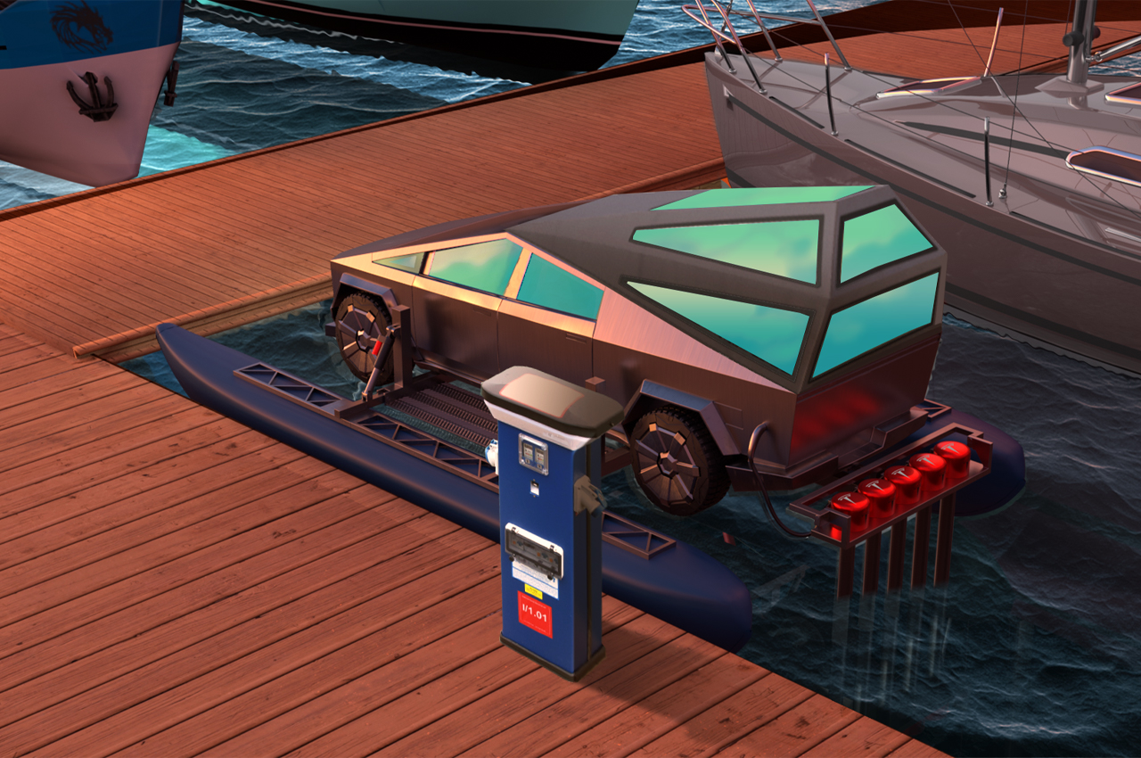 Cyber​​cat，Amphibious machinery，Tesla，Cyber truck，All electric catamaran，industrial design，