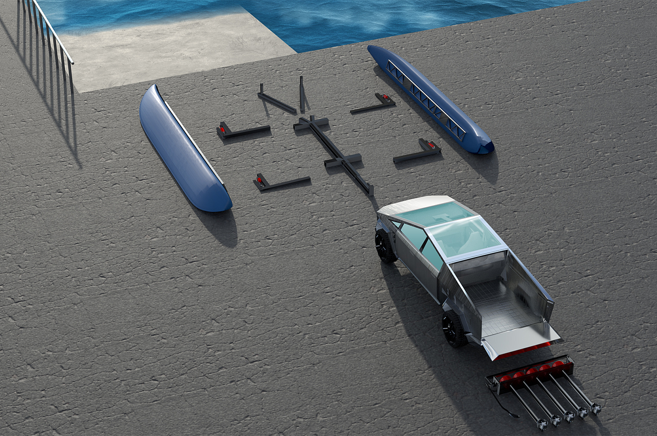 Cyber​​cat，两栖机械装置，特斯拉，赛博卡车，全电动双体船，工业设计，
