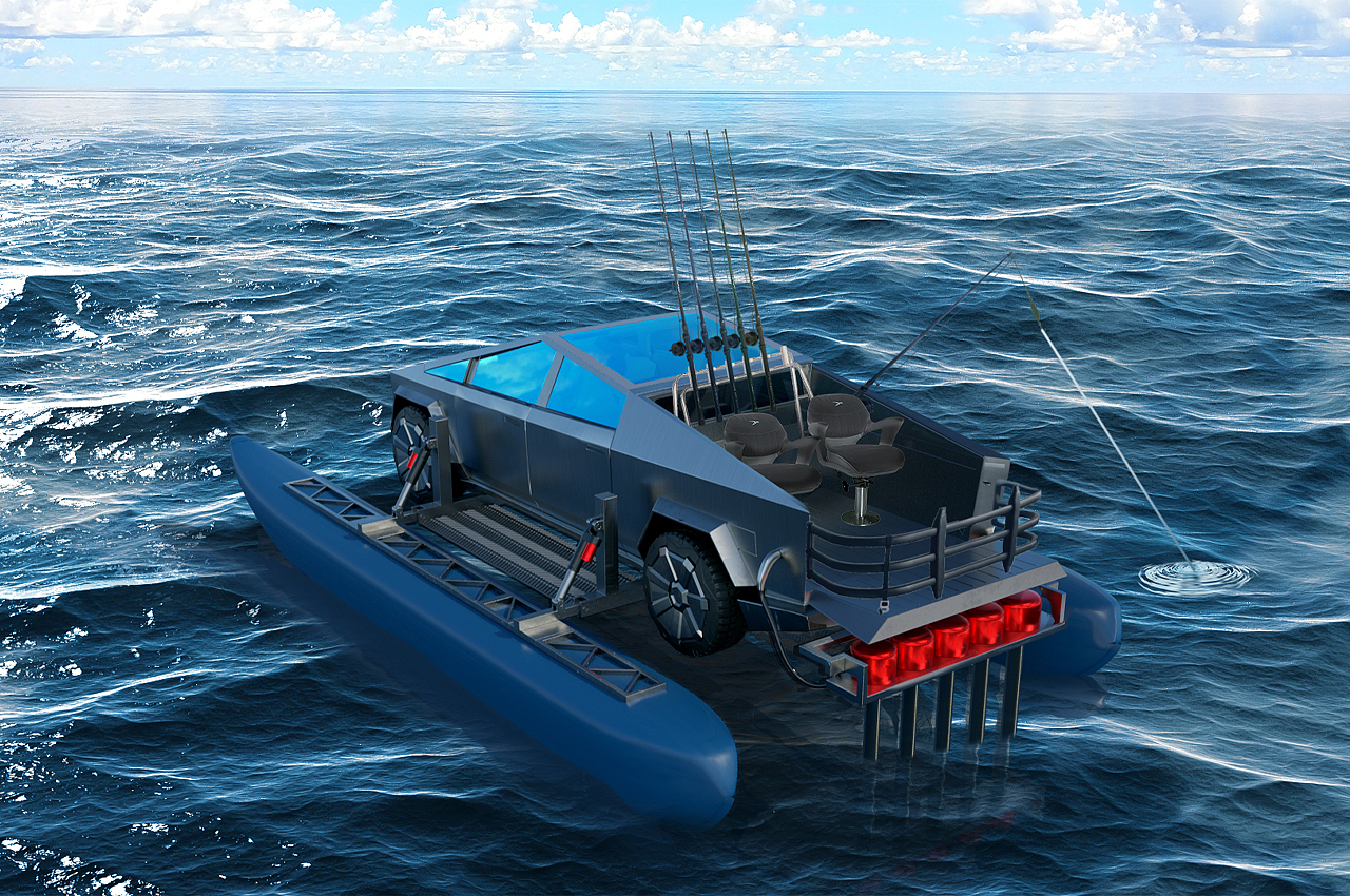 Cyber​​cat，Amphibious machinery，Tesla，Cyber truck，All electric catamaran，industrial design，