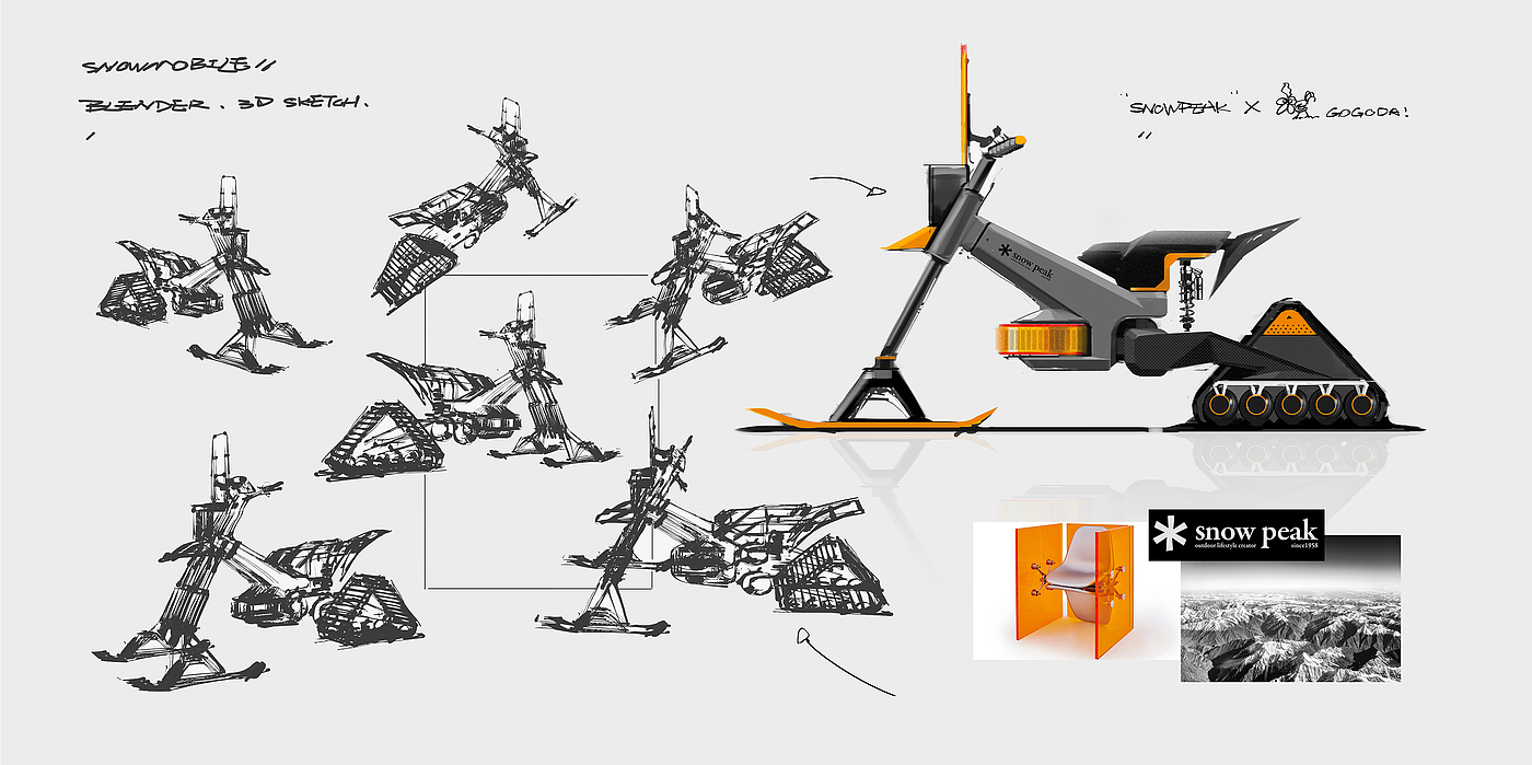 vehicle，conceptual design，motorcycle，Snowmobile，sketch，Blender3DSKETCH，2DRENDERATION，