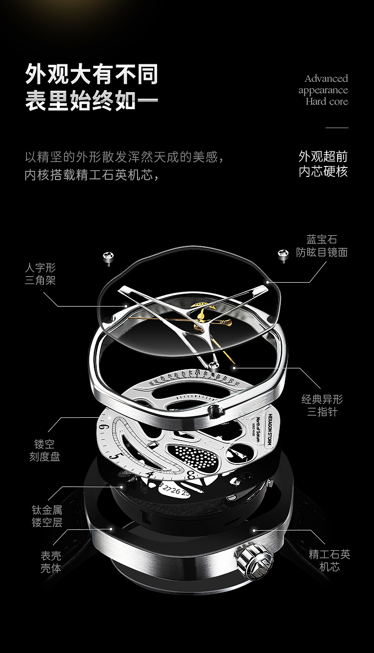 Wrist watch，Design，esthetics，Hollowed out，Mechanics，vision，
