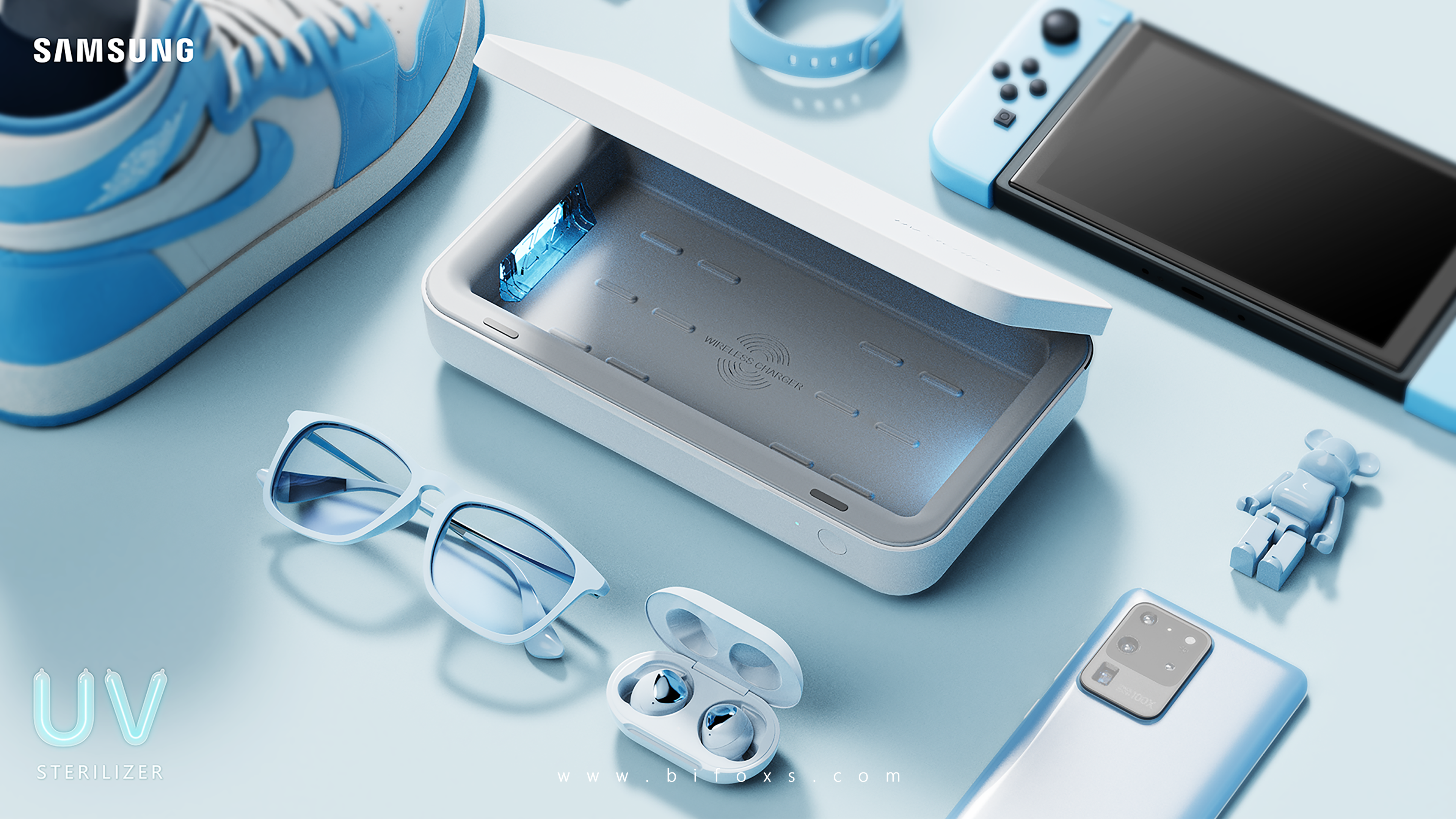 White fox design，industrial design，product design，disinfect，mobile phone，Samsung，ultraviolet rays，sterilization，