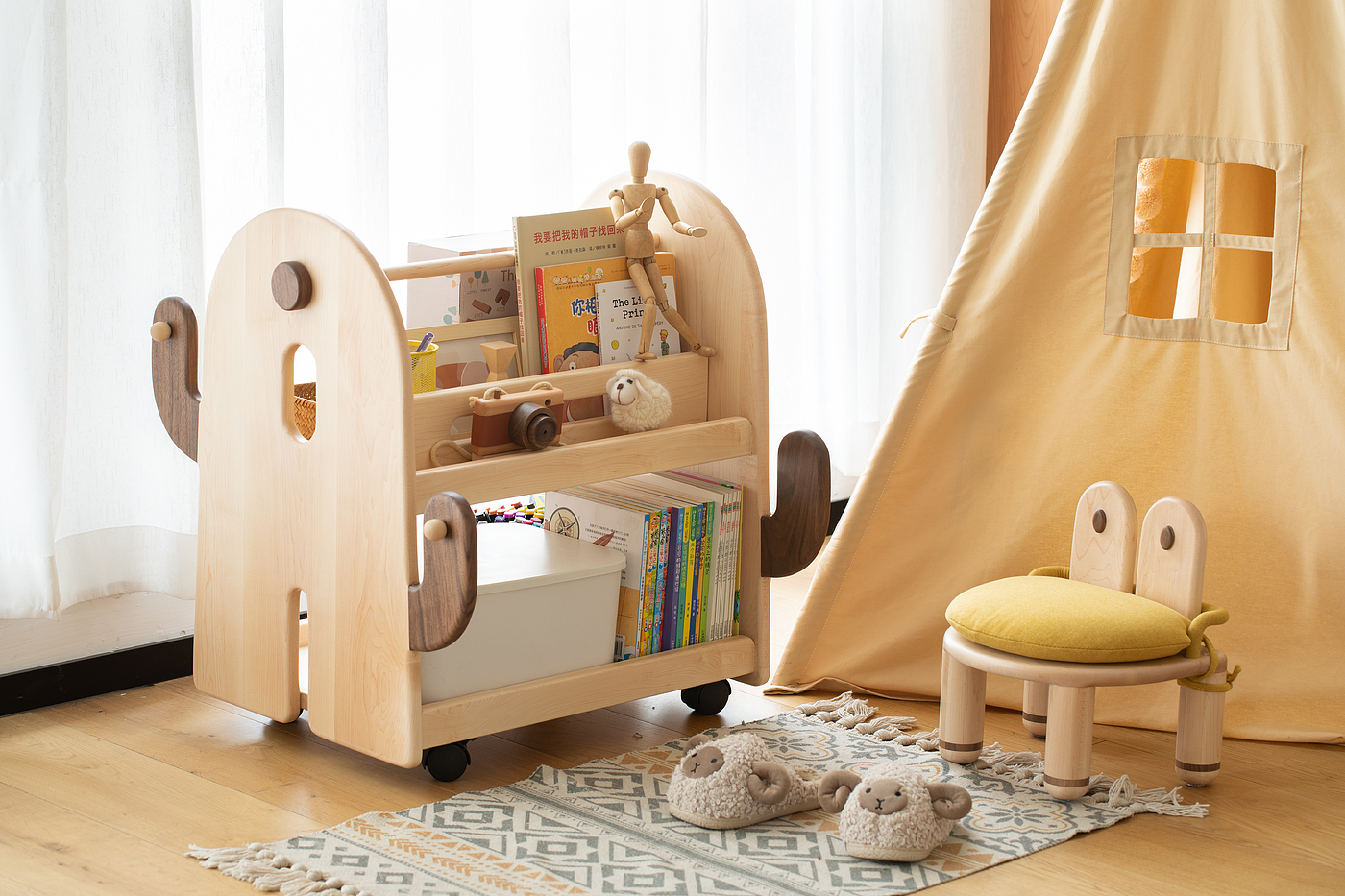 Children's furniture，Trolley，Solid wood furniture，Original furniture，Picture book rack，Toy cabinet，