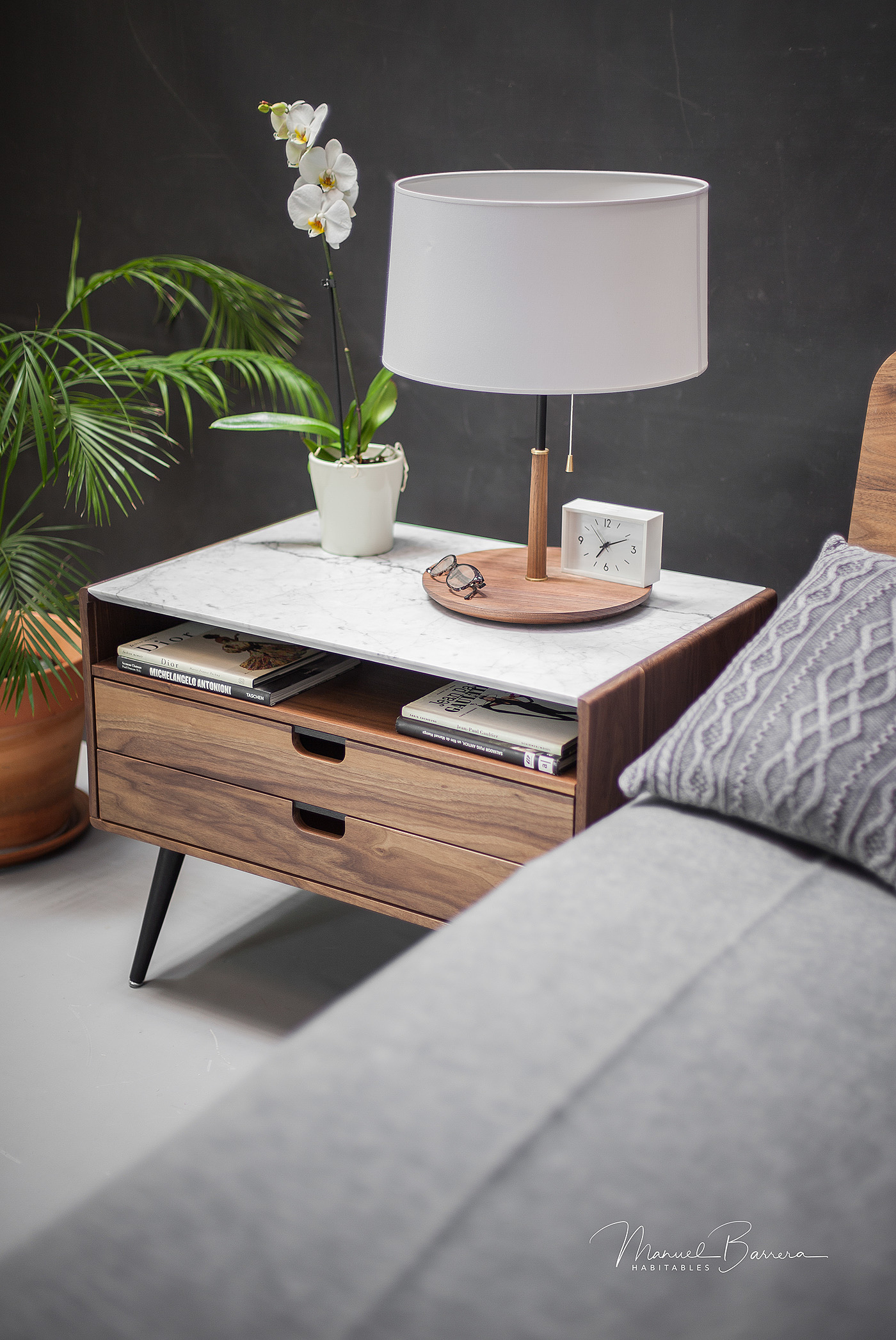 Manuel Barrera，Marble bedside table，Rina walnut，