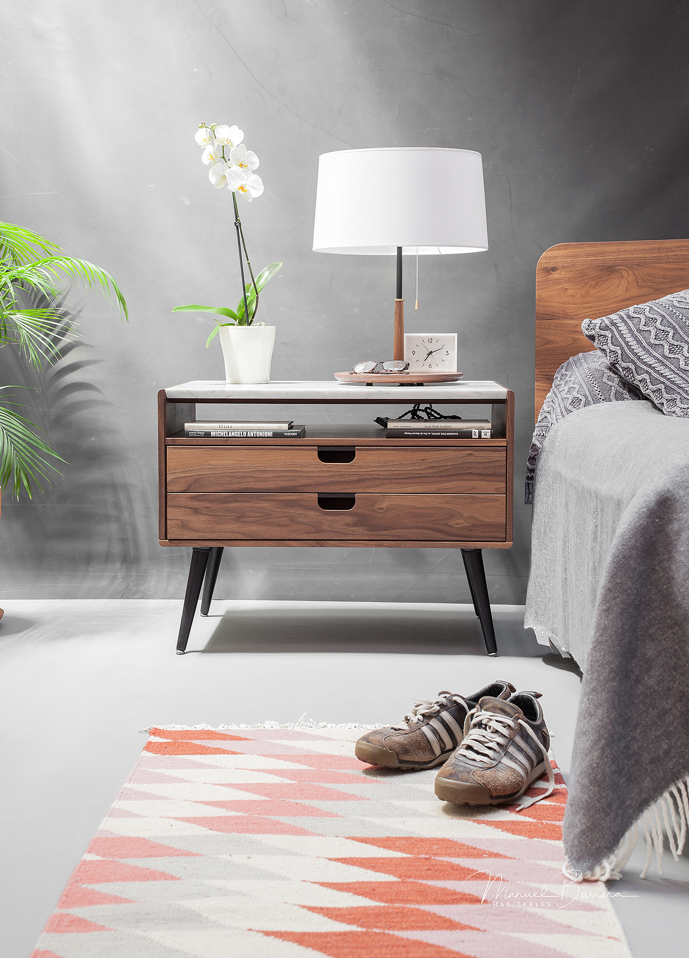 Manuel Barrera，Marble bedside table，Rina walnut，