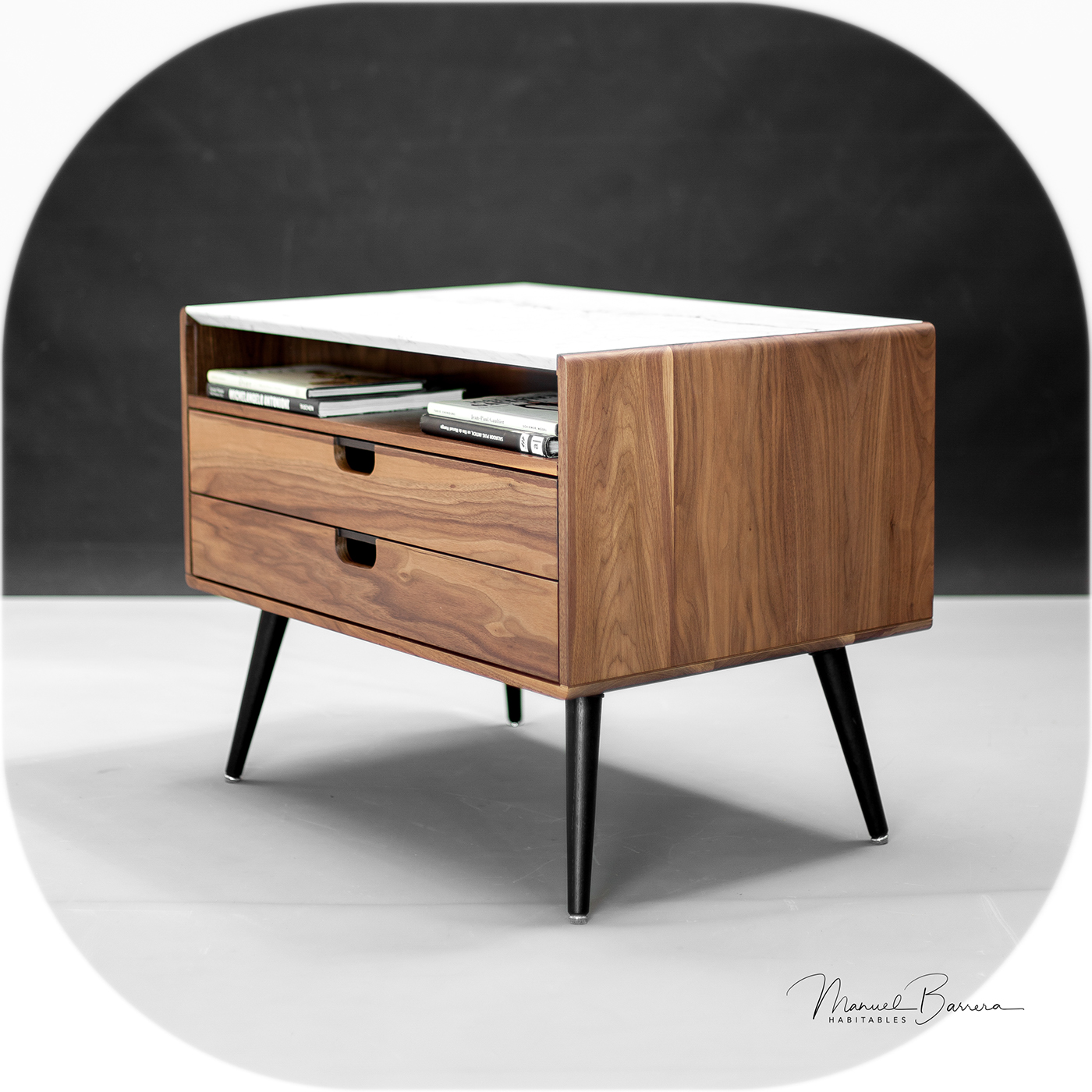 Manuel Barrera，Marble bedside table，Rina walnut，