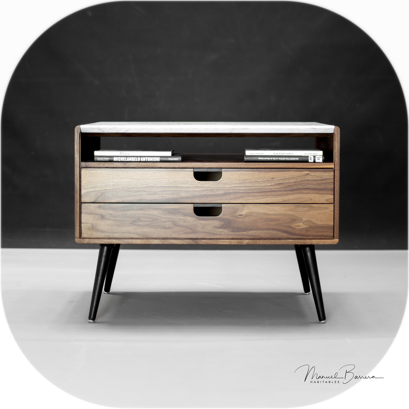 Manuel Barrera，Marble bedside table，Rina walnut，