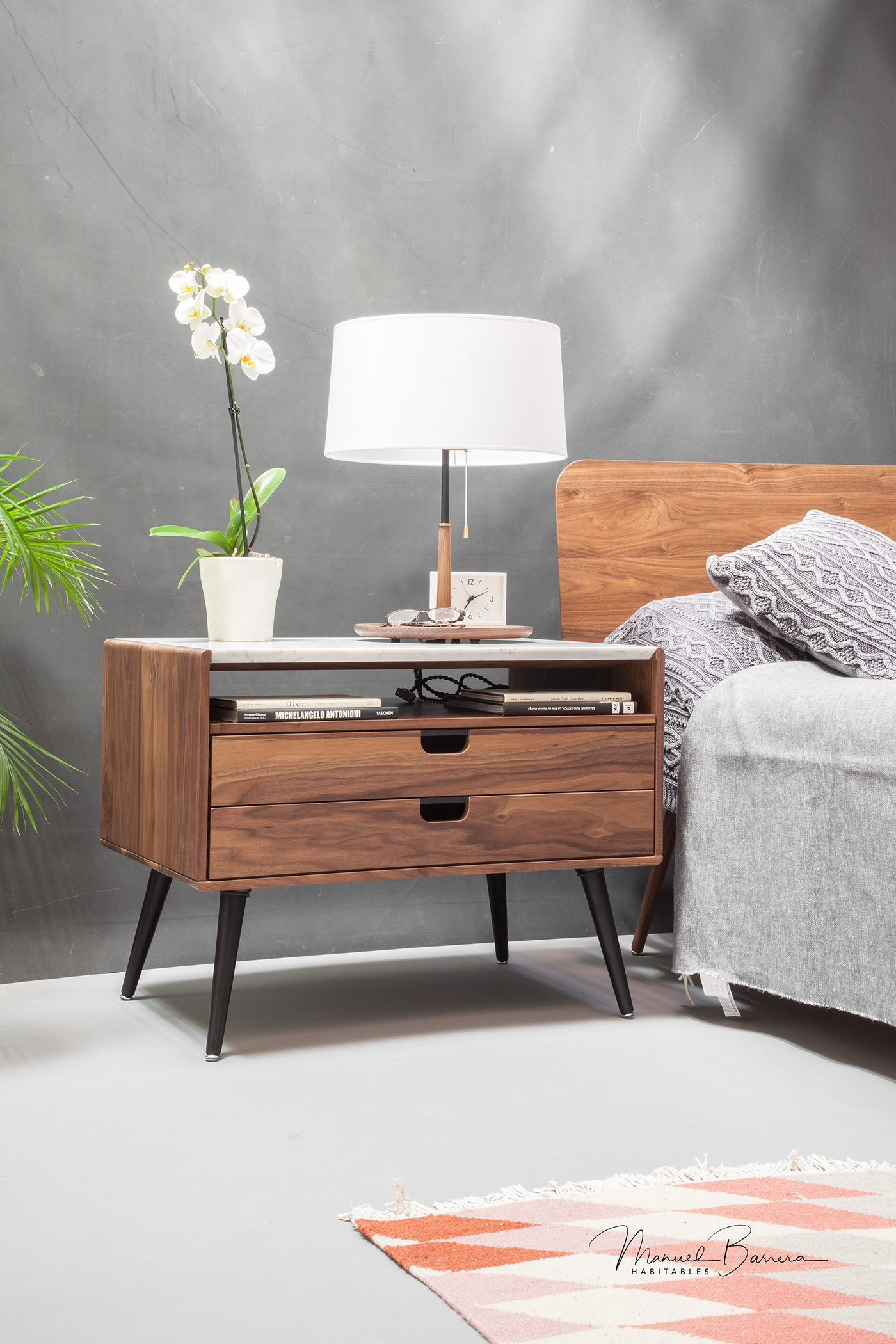Manuel Barrera，Marble bedside table，Rina walnut，