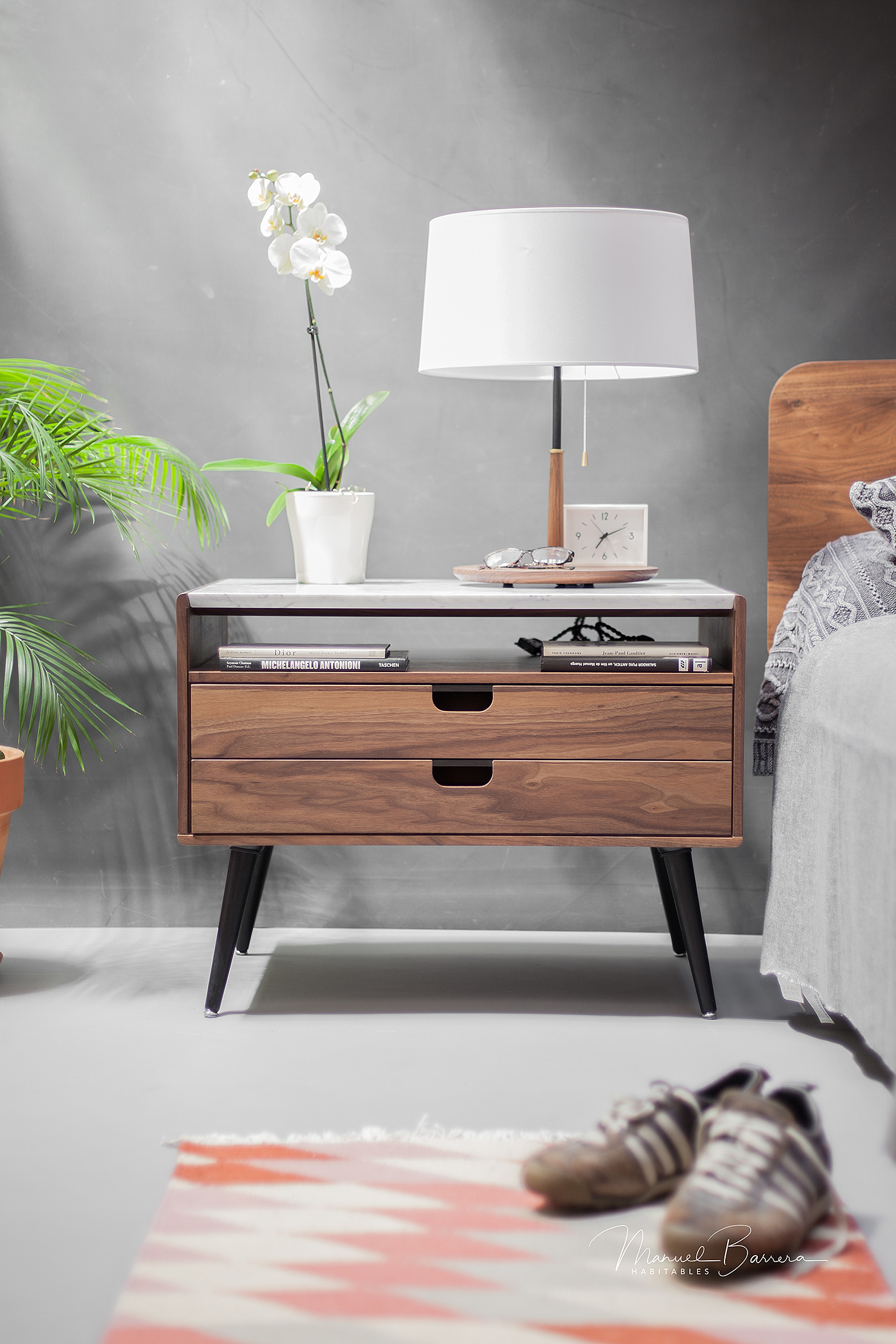 Manuel Barrera，Marble bedside table，Rina walnut，