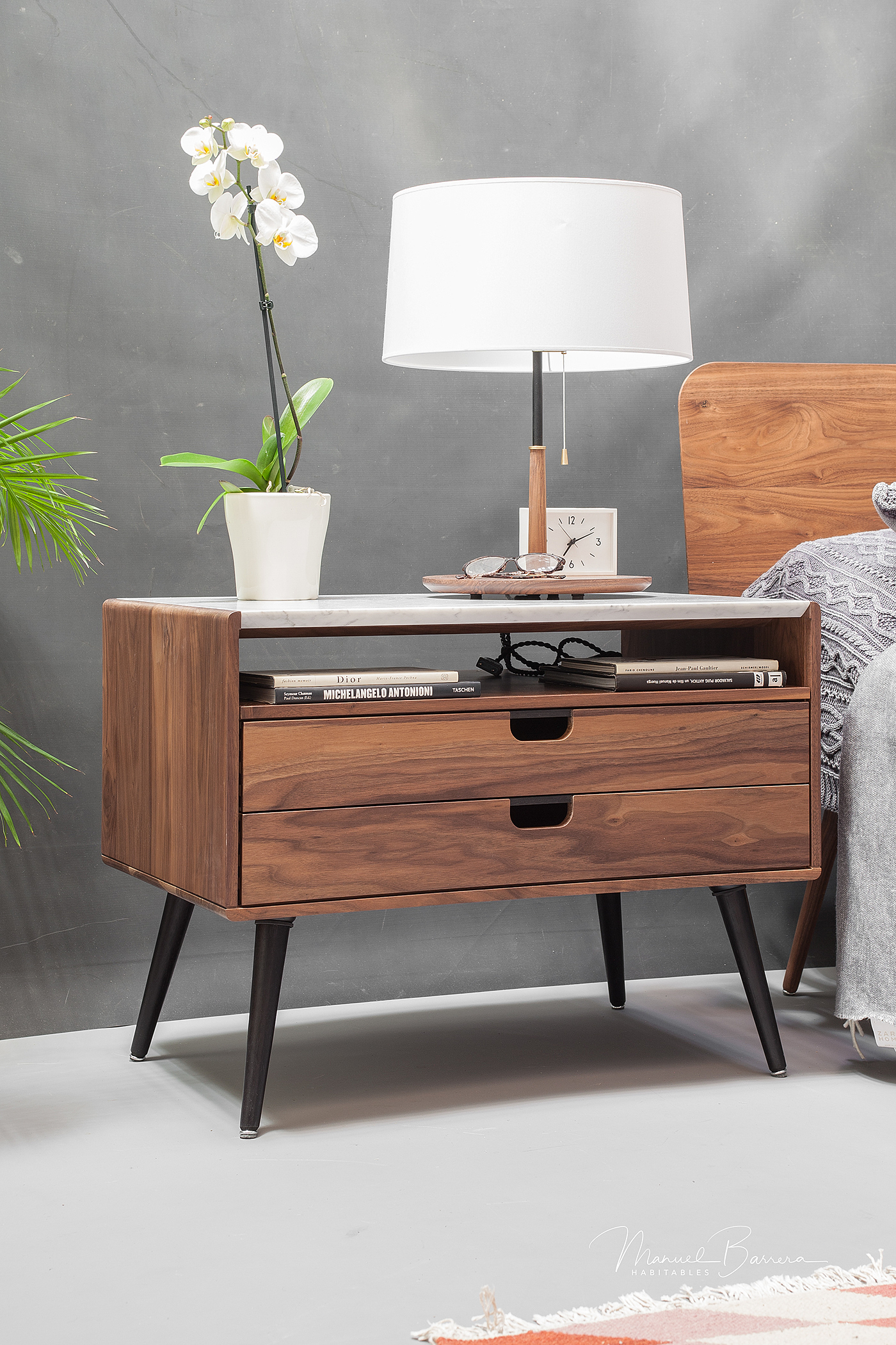 Manuel Barrera，Marble bedside table，Rina walnut，