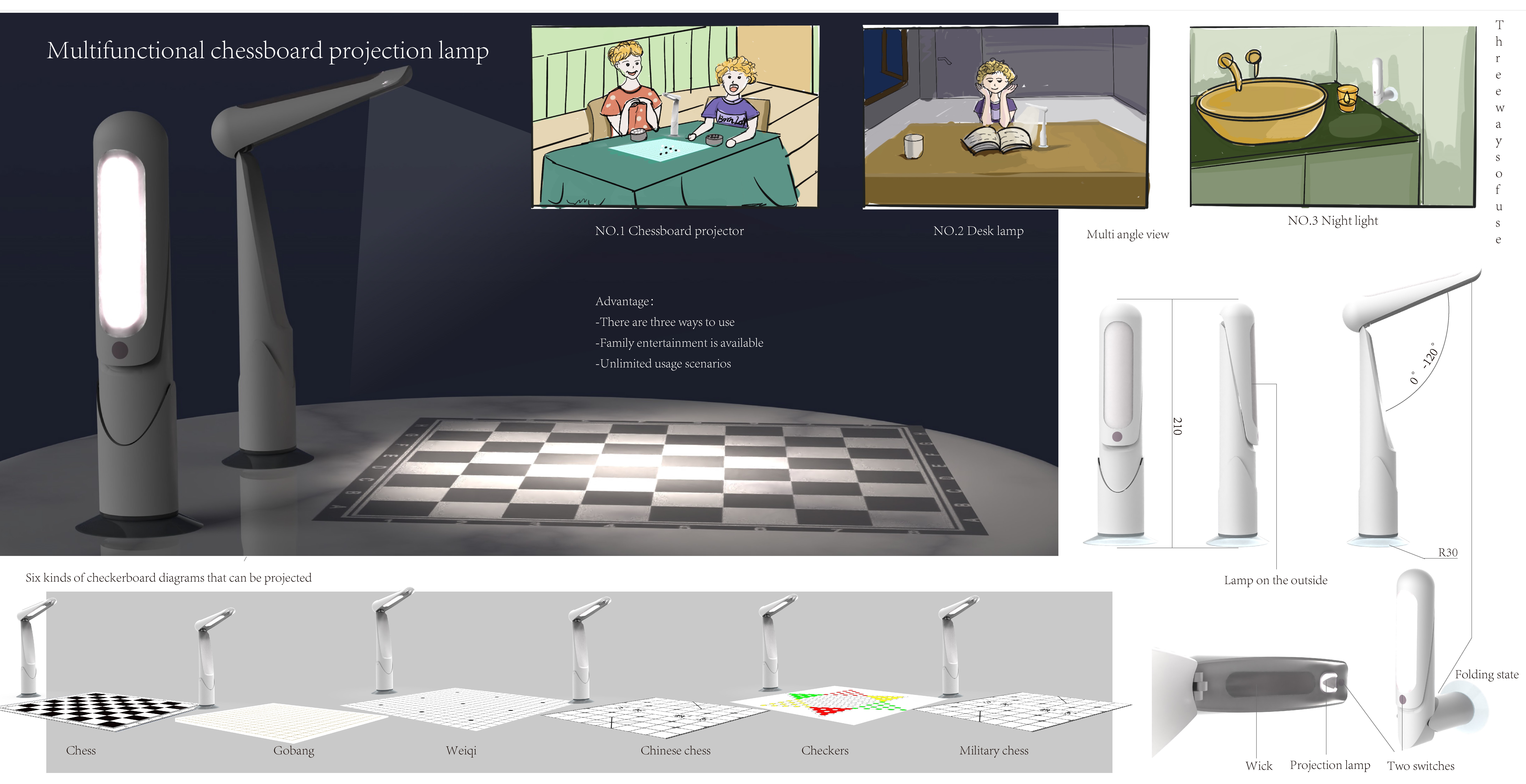 Multifunctional desk lamp; Projection lamp; Chessboard projection，
