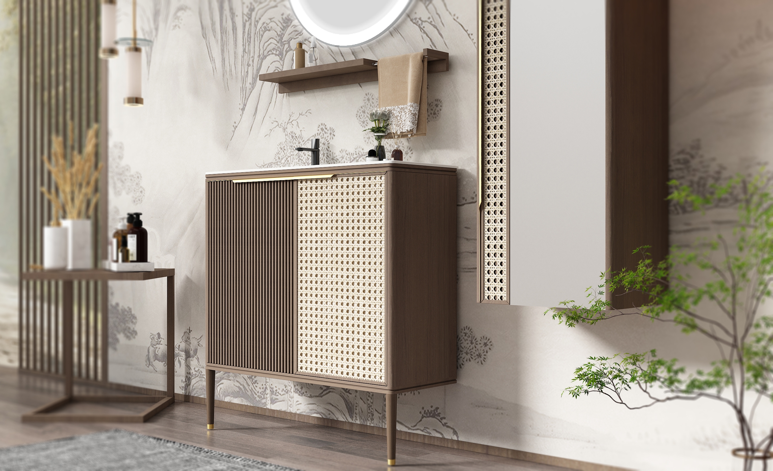 Bathroom cabinet，furniture，New Chinese style，Shower Room，Oriental Aesthetics，Buddhist mood，Bathroom space，