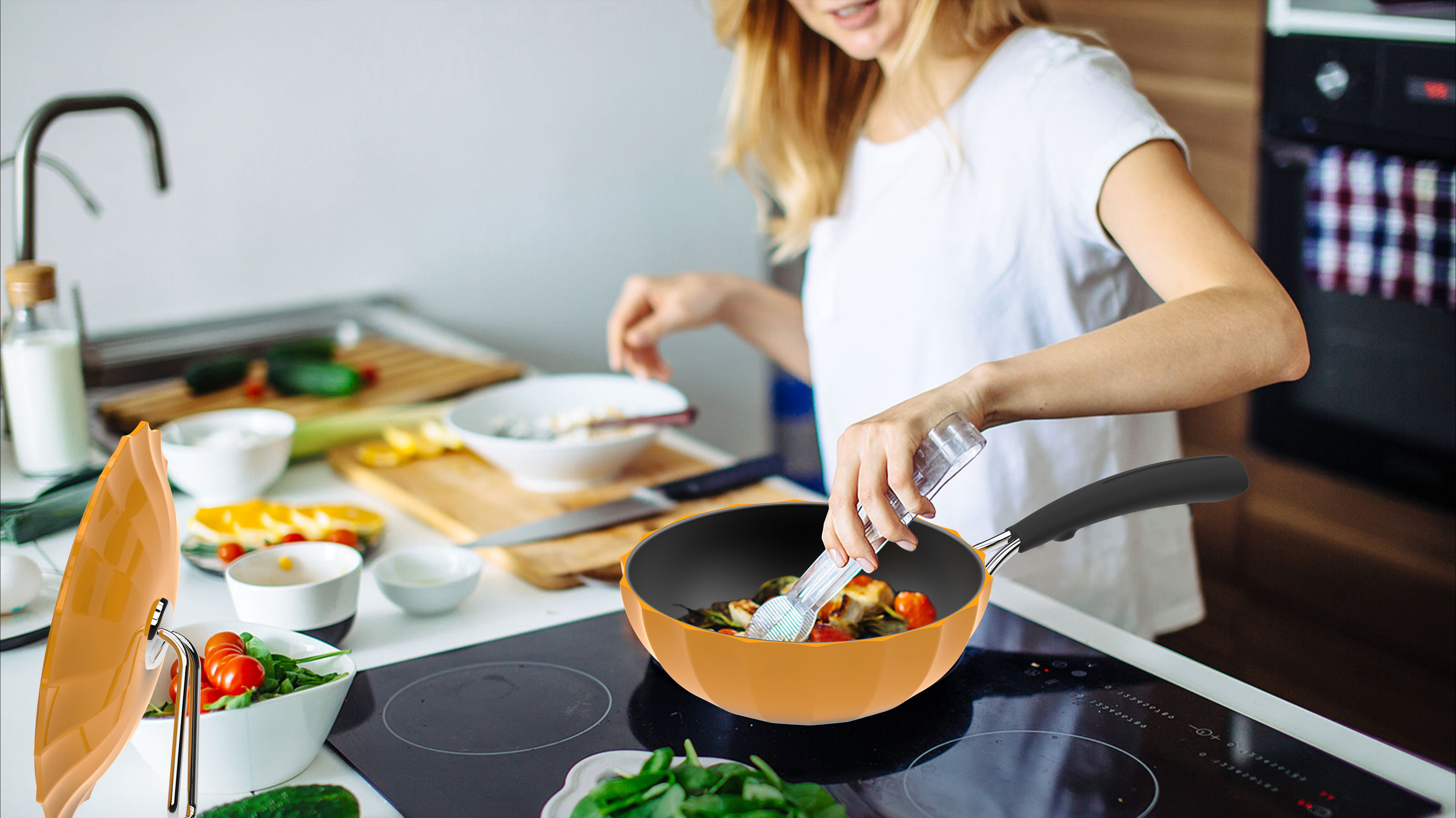 Move the beauty into the kitchen.，