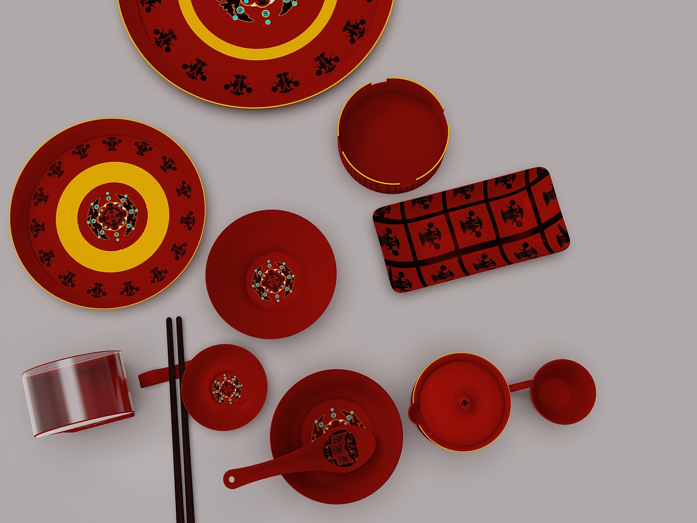 Tableware designed with Qiang artist Li Yunchuan's Xiqiang painting rhyme，