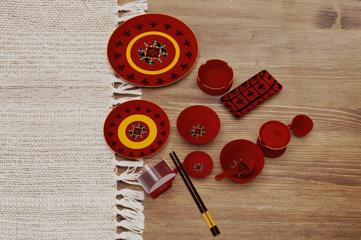 Tableware designed with Qiang artist Li Yunchuan's Xiqiang painting rhyme，