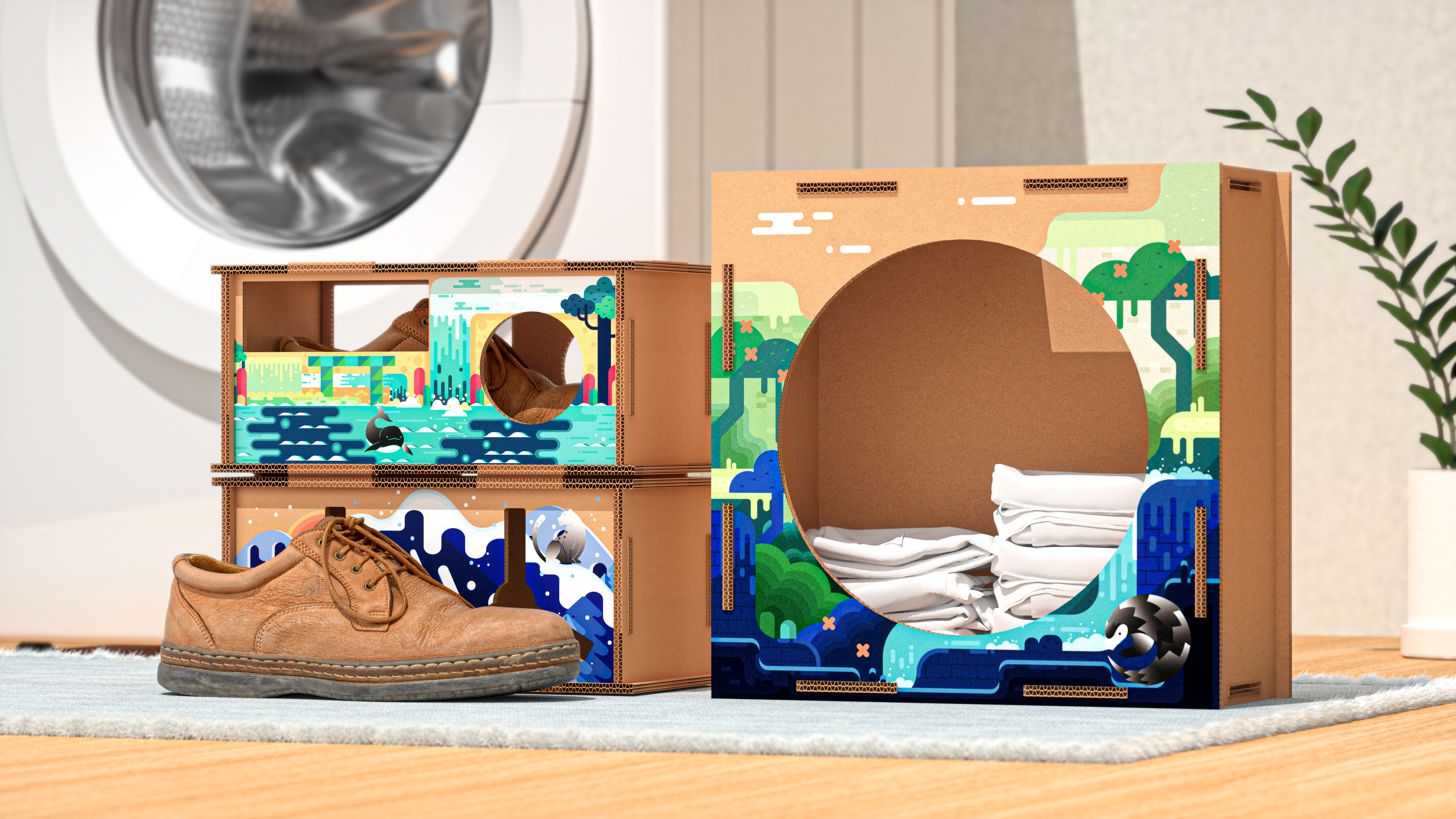 packing design，Public Welfare Design，senior，Green environmental protection，Glue-free design，protect the environment，Packaging structure，Home appliance packaging，