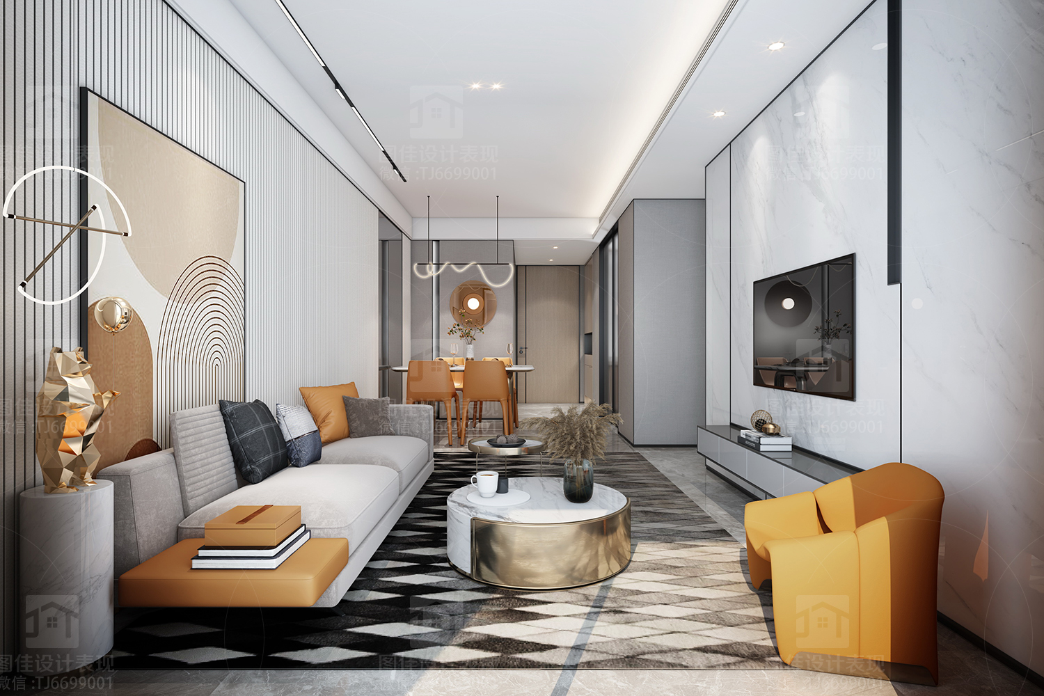 a living room，restaurant，kitchen，Modern style，Northern Europe，