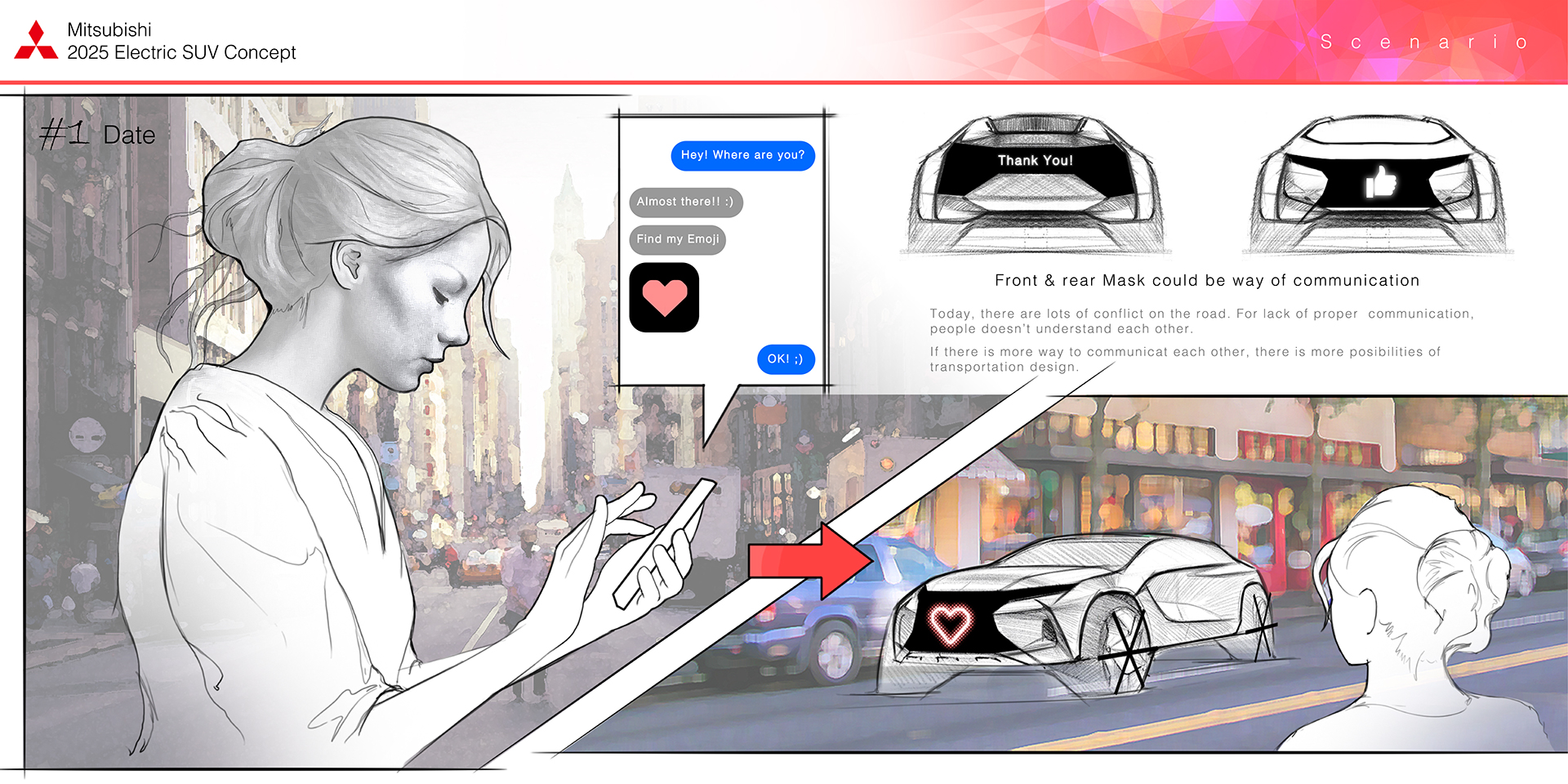 draft，Hand drawn，conceptual design，suv，electric vehicle，Mitsubishi，Mitsubishi，love，interactive，communicate，