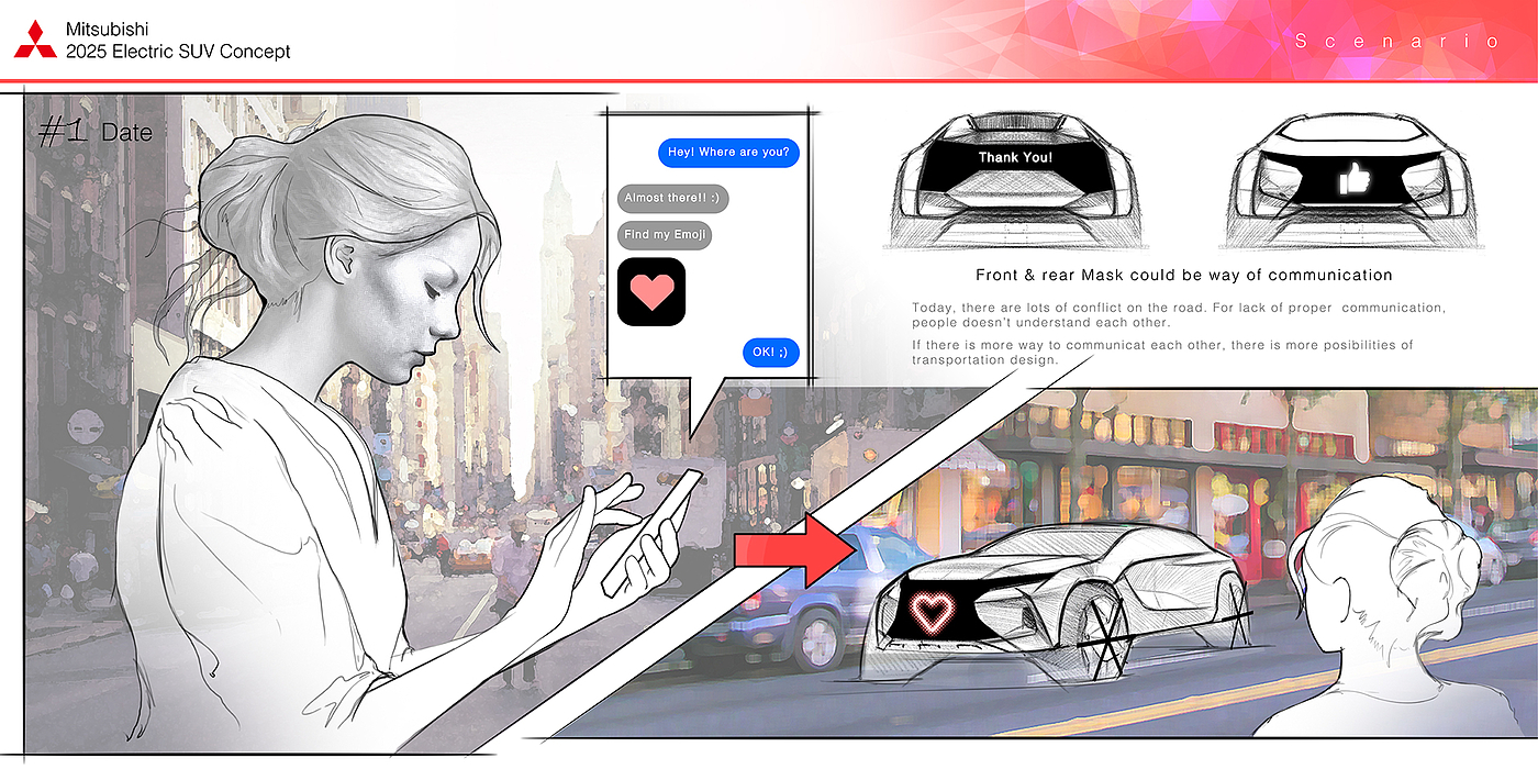 draft，Hand drawn，conceptual design，suv，electric vehicle，Mitsubishi，Mitsubishi，love，interactive，communicate，