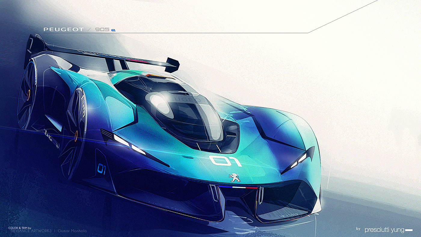 Peugeot cars，Automobile design，PEUGEOT 905 e，Super car，racing，idea sketch ，Modeling exercise，