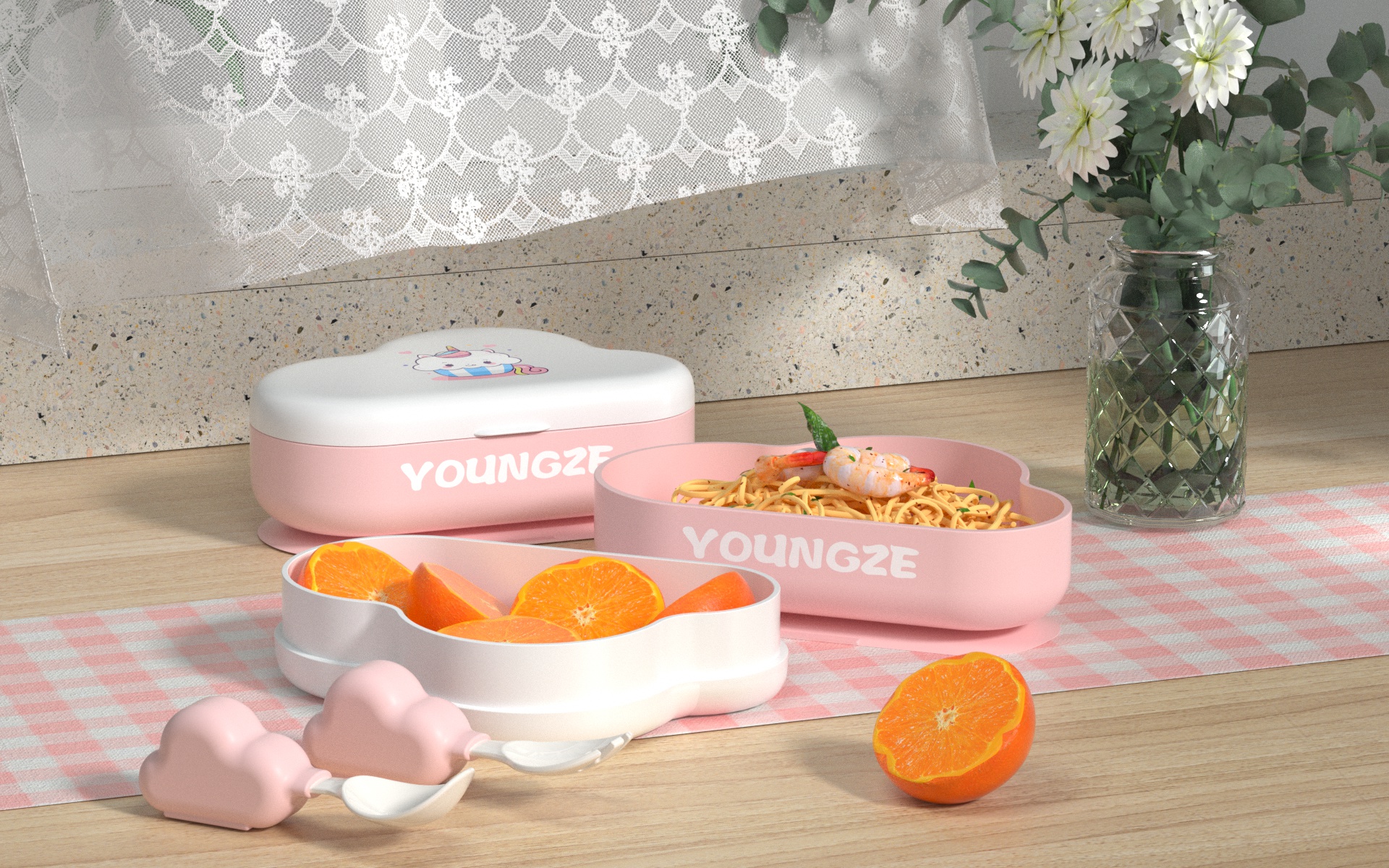 bowl，cloud，children，Mother and baby，Spoon，