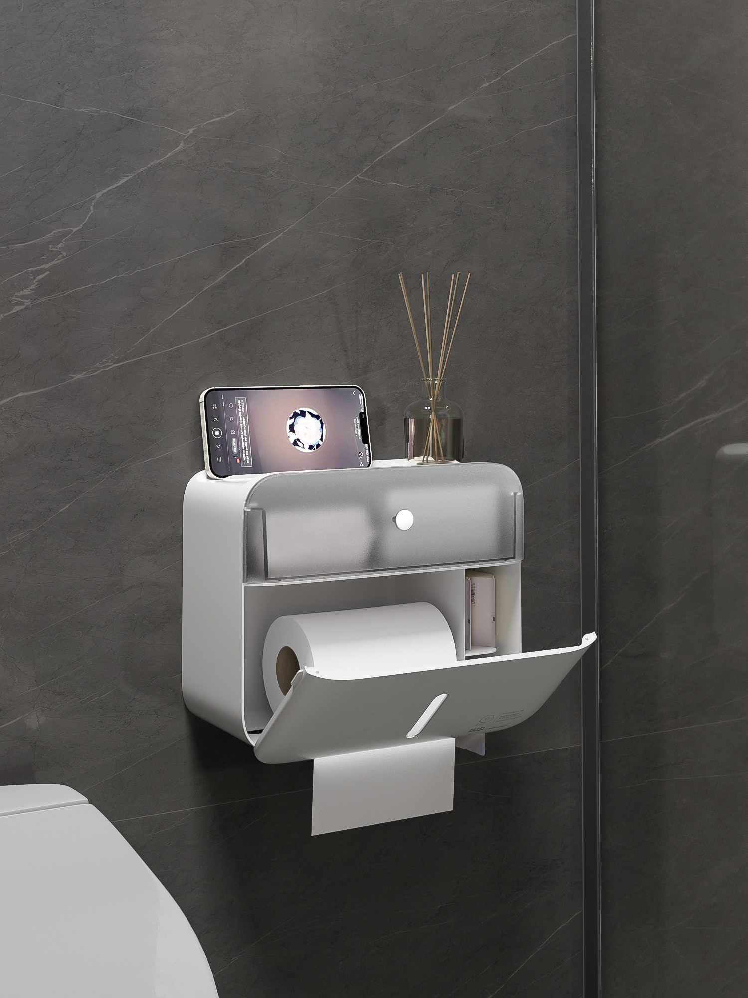 Tissue box，Wall mounted tissue box，Qingmei Institute，Home Furnishing，bathroom，industrial design，